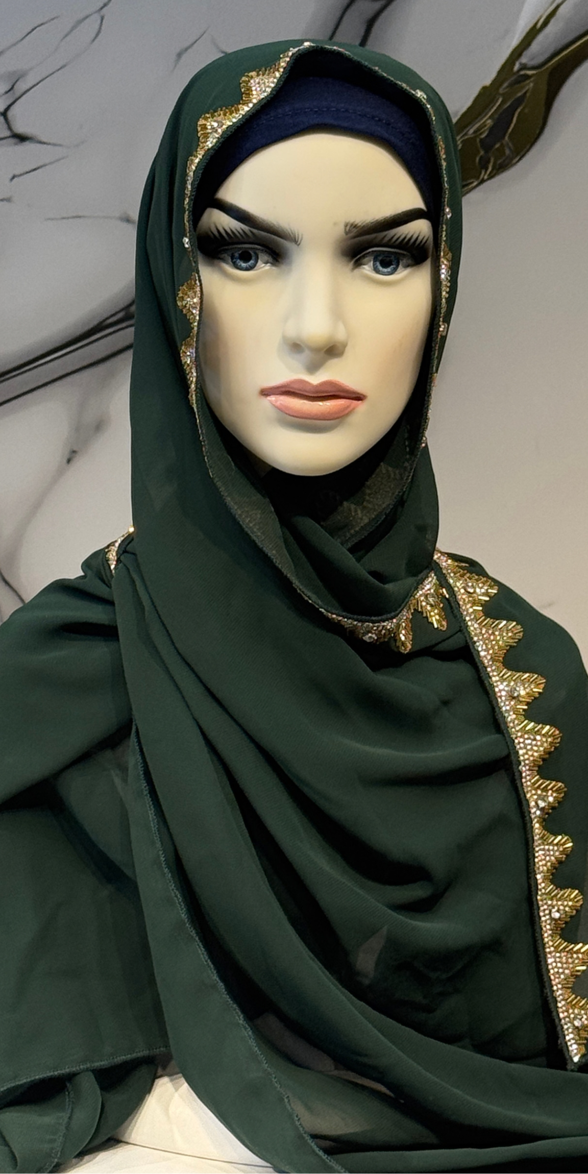 Altın Taşlı Zümrüt Yeşili Şifon Şal Emirati Abaya | ŞAL17 GSGREEN