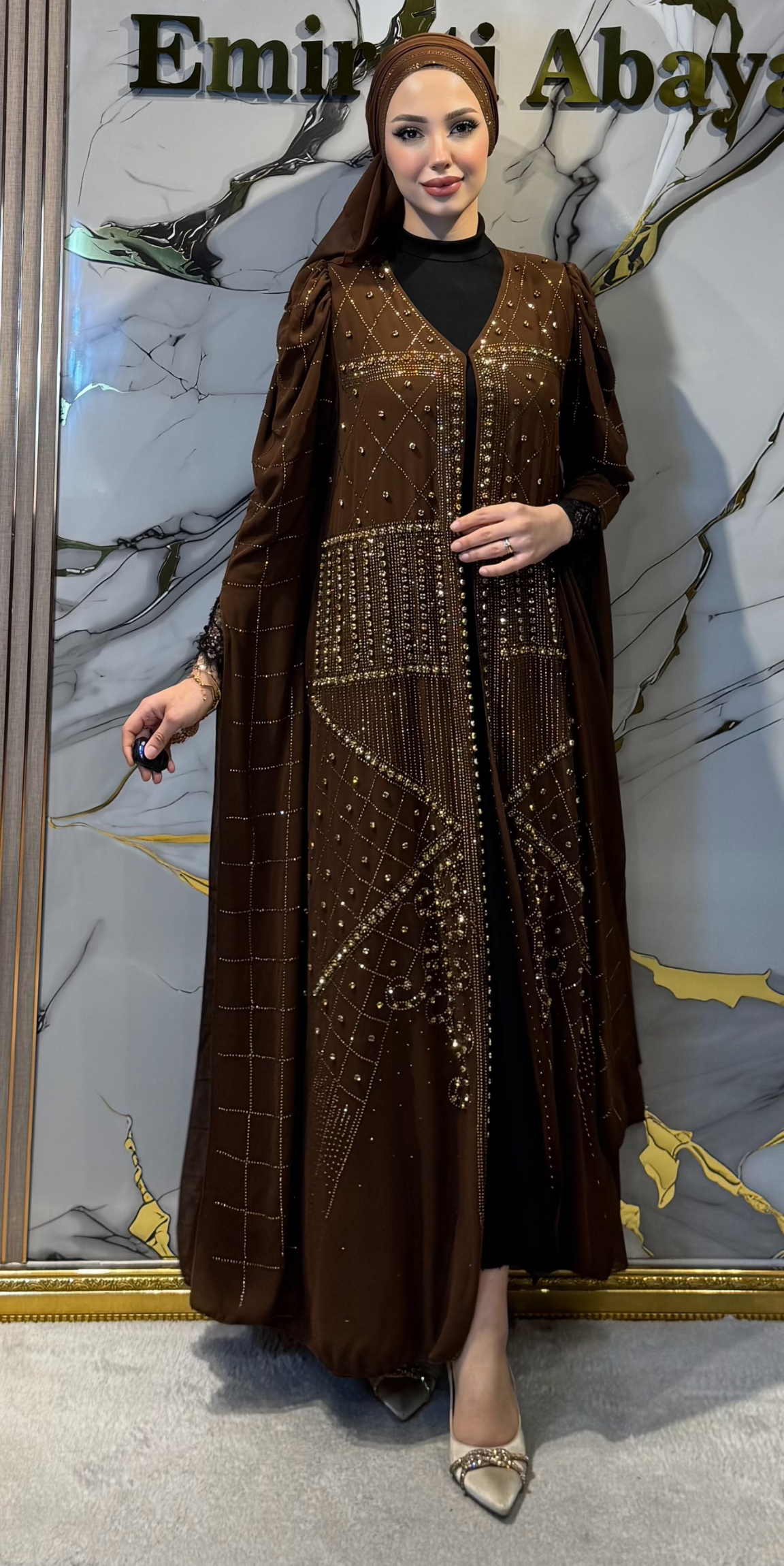 Altın Taş İşlemeli Kahverengi Şifon Abaya | TM083 GSK