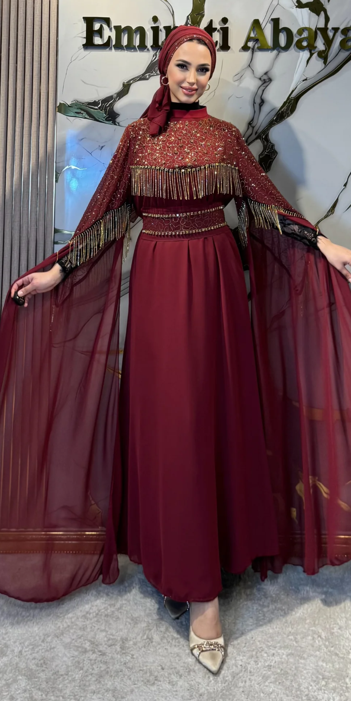 Burgundy Chiffon Long-Sleeved Abaya with Gold Embellishments | WS56 GSBORDO