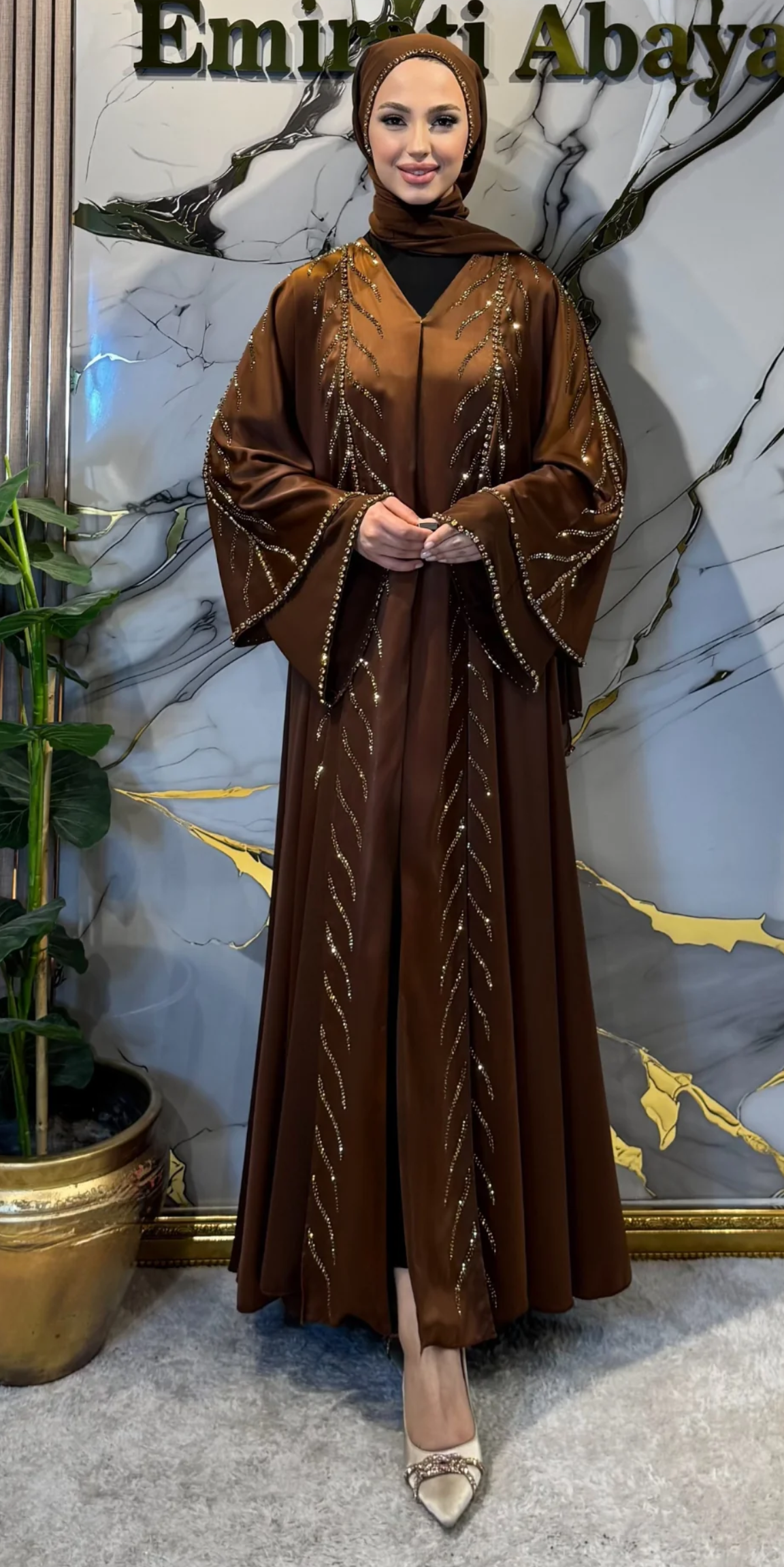 Zara Royal Gold Branched Front Slit Satin and Chiffon Abaya | LY41 GSK