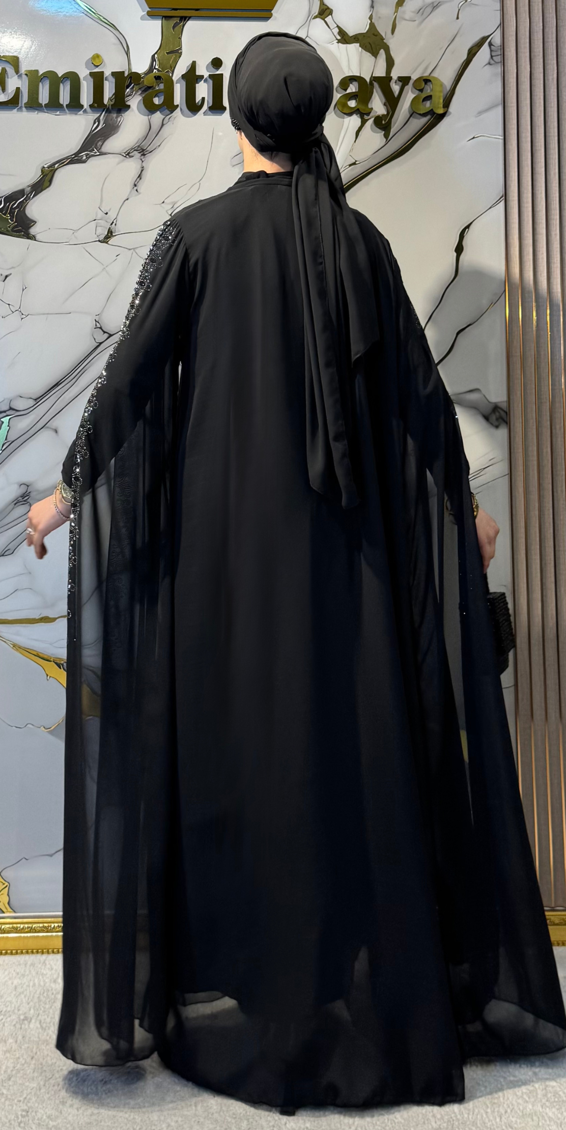 Hematit Taşlı Siyah Şifon Abaya Uzun Kollu 4 Parça Takım LY12 HSB