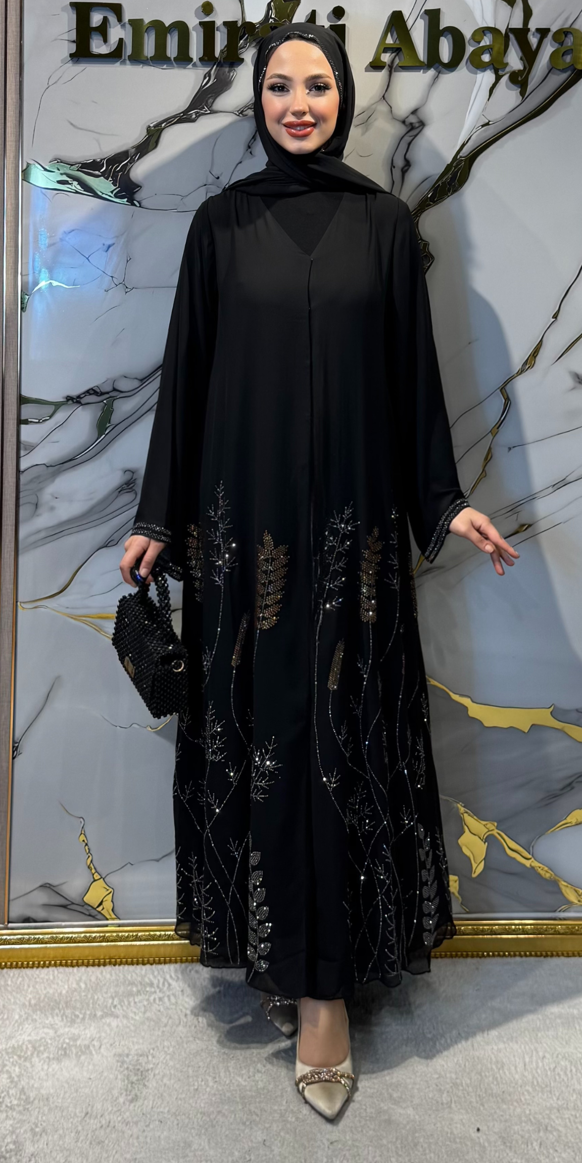 Etekleri Çiçekli Taşlı Şifon Abaya TM094 HSSB