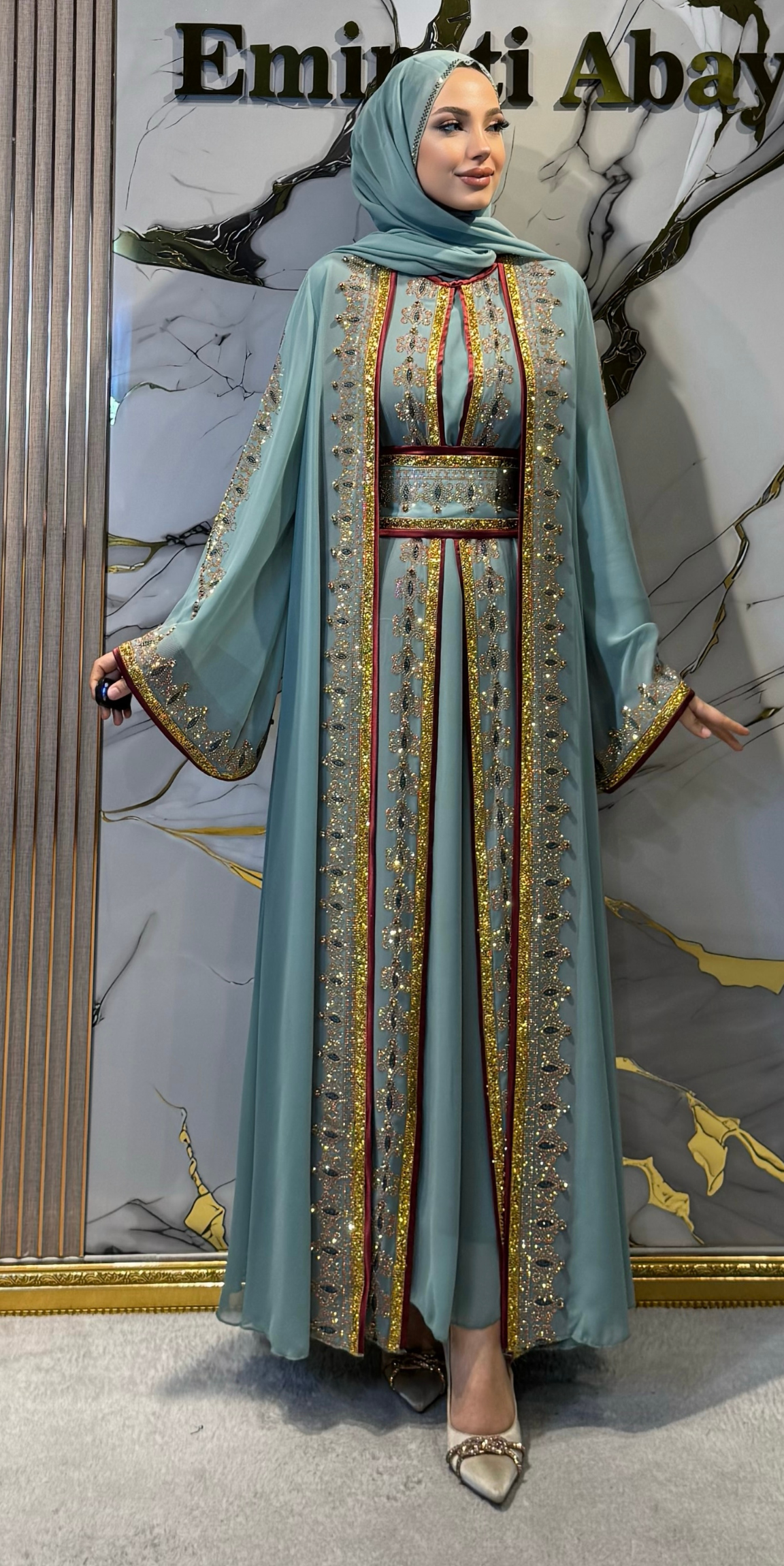 Gold Embellished Open-Front Green Chiffon Traditional Set - 4-Piece Luxury Set (Includes Shawl, Belt and Undergarment) WS74 GSY