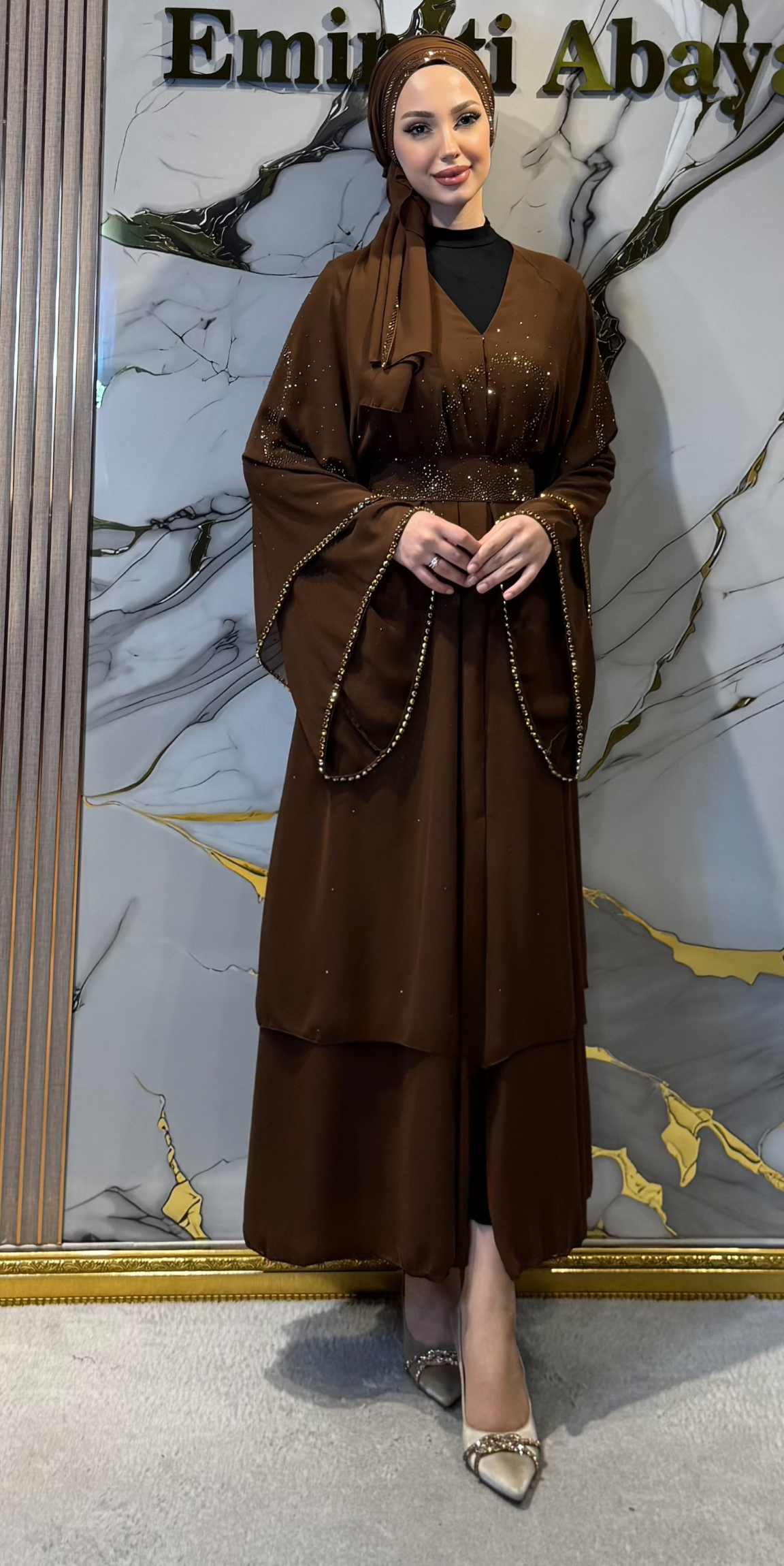 Altın Çakılmış Taşlı Kahverengi Dubai Abaya | LY48 GSK