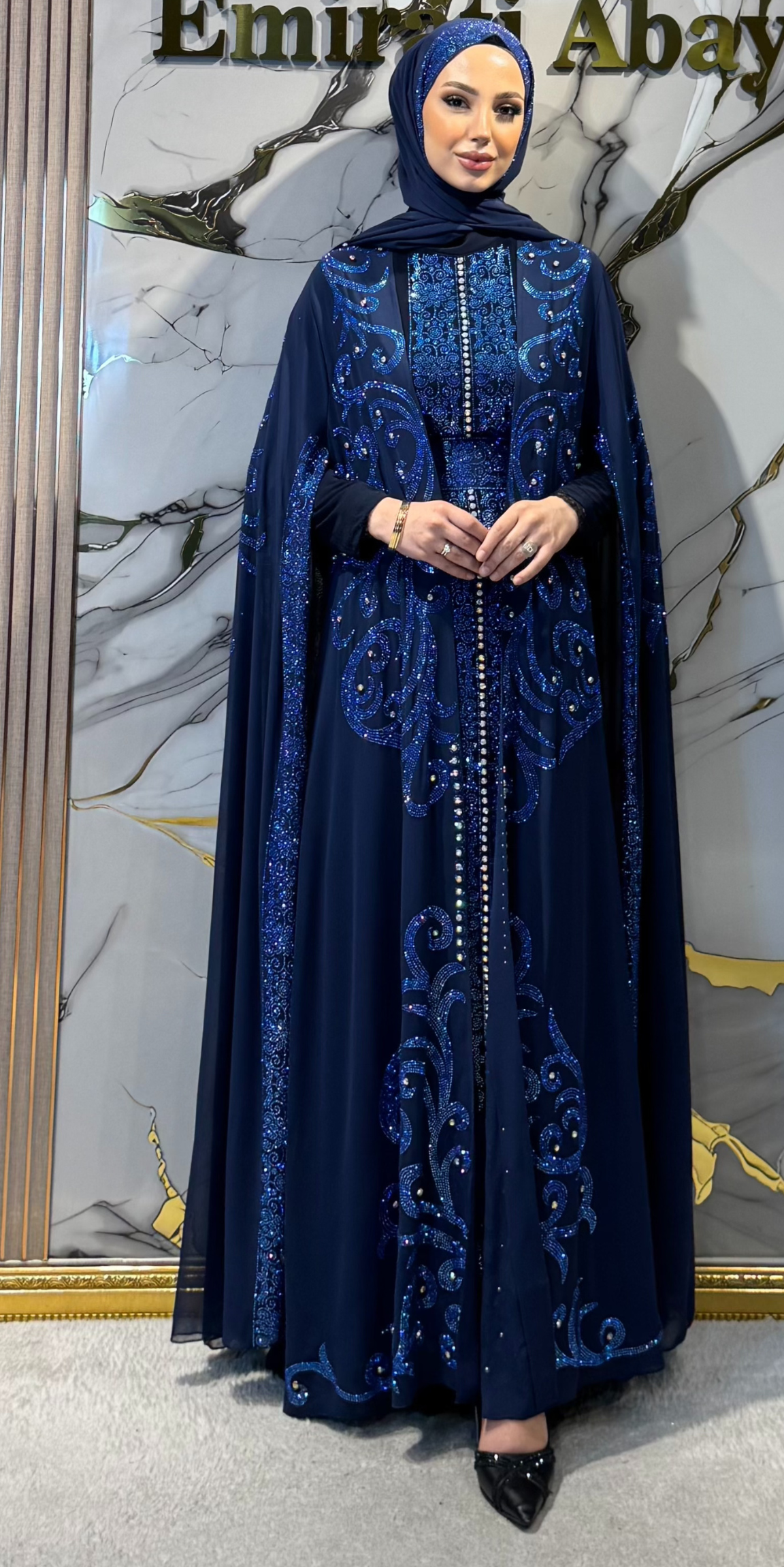 WS73 LSL Lacivert Payetli Cape Kollu Abaya Takımı