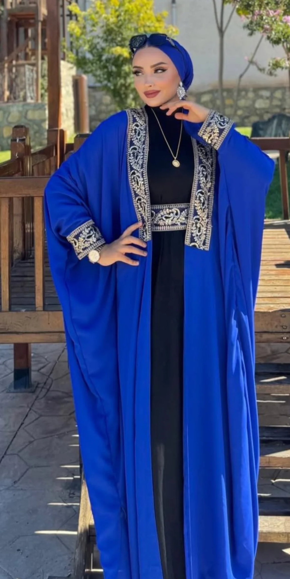 Black Traditional Abaya with Gold Pattern Front TM087 - 4-Piece Set (Includes Shawl, Belt and Inner Top)