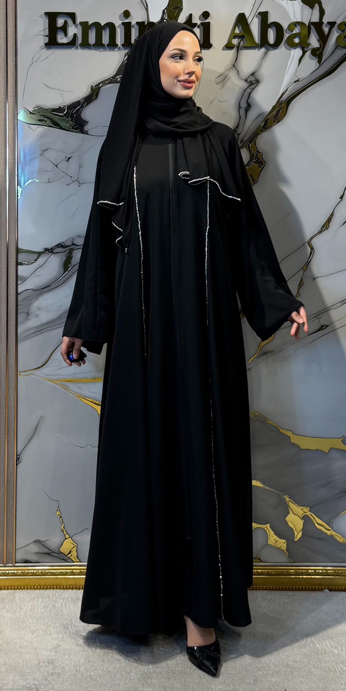Swarovski Crystal Embellished Zippered Black Abaya TM0101WB - Luxurious and Elegant Model