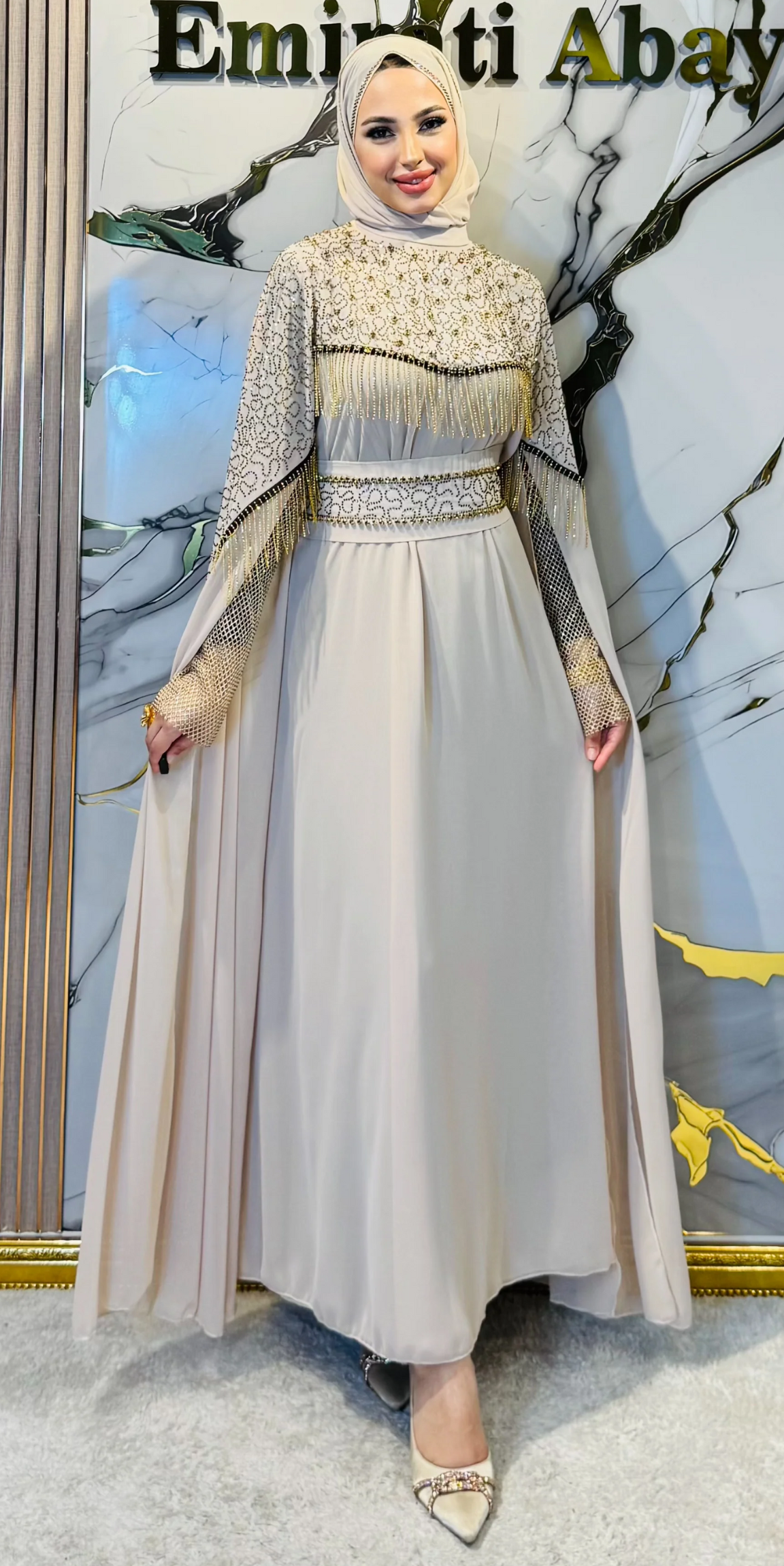 Krem Şifon Gold Taşlı Uzun Kollu Abaya WS56 GSKREM