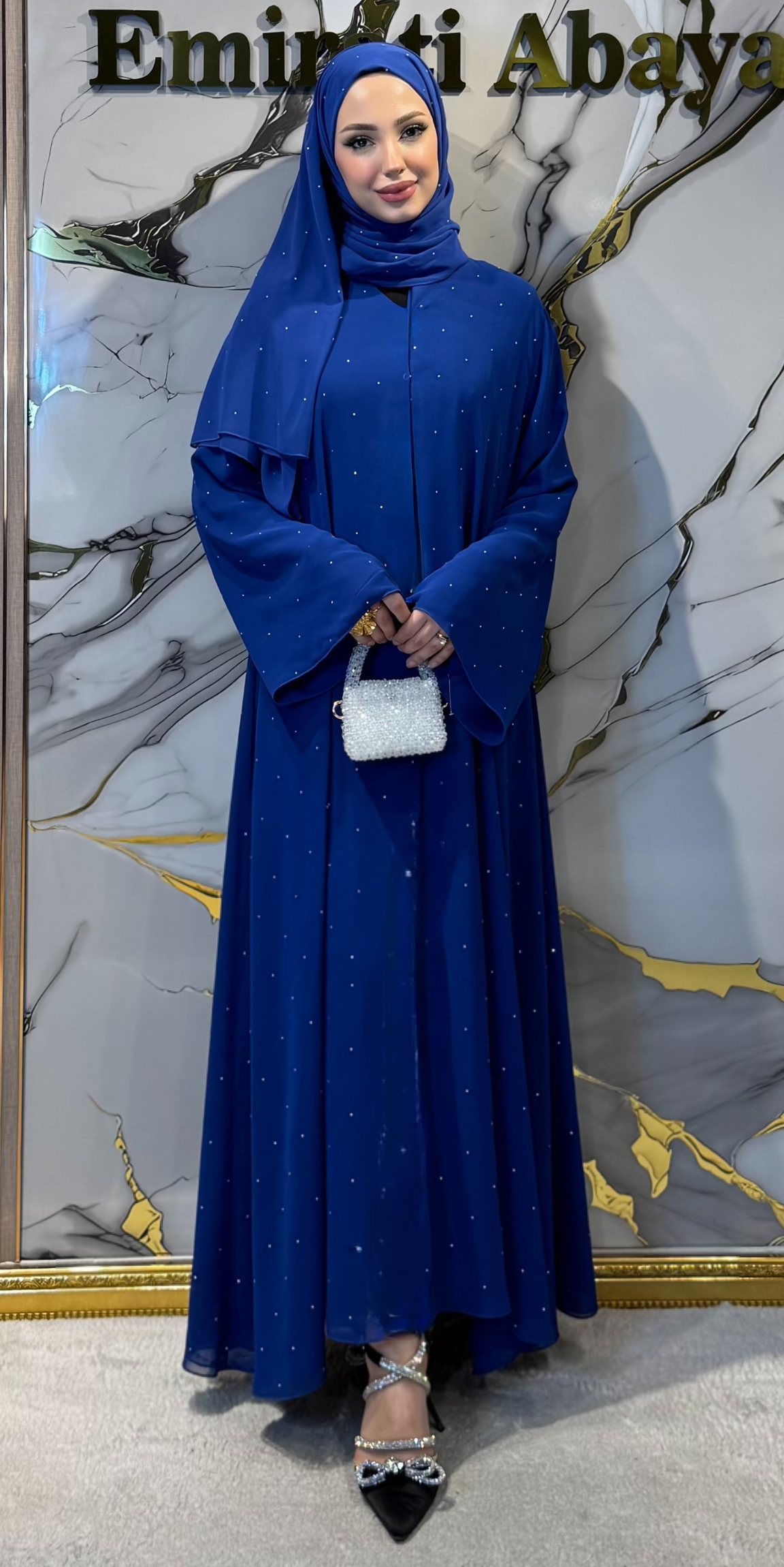 Swarovski Taşlı Şifon Abaya - Kraliyet Mavisi Çıtçıtlı Lüks Model TM063 WSSM