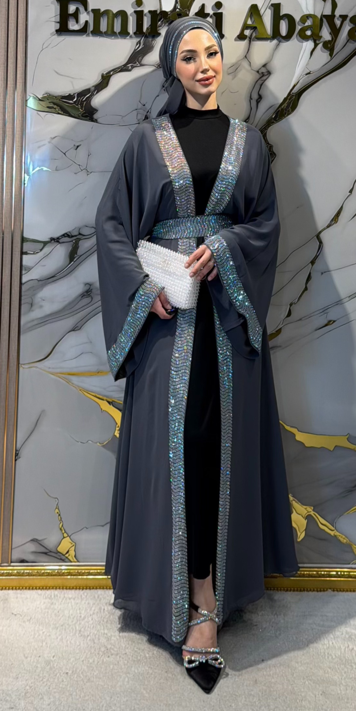 Önü Swarovski Taşlı Şık Gri Abaya - 3 Parça Set (Şal ve Kemer Dahil) TM47 JS GRI