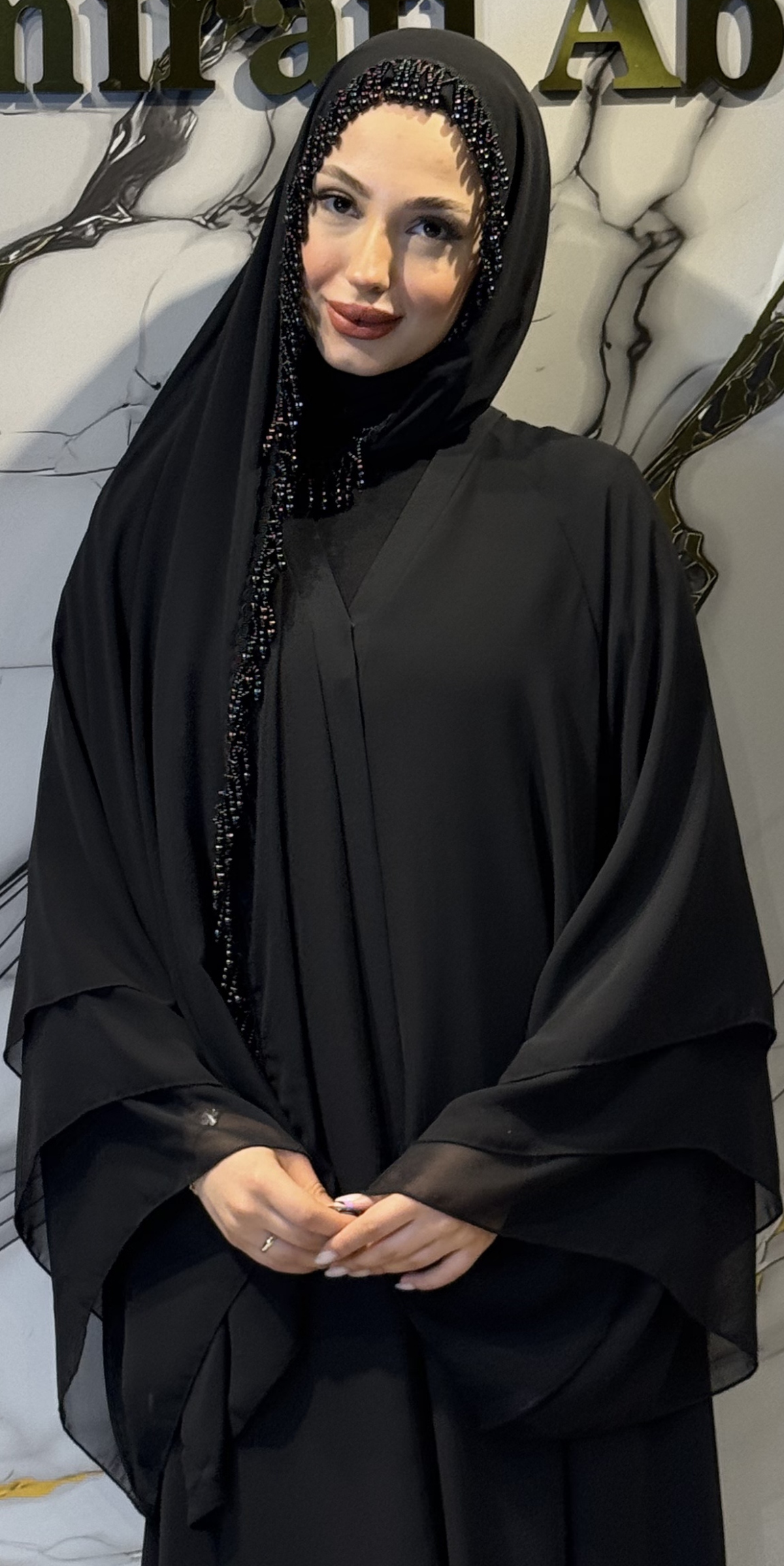 Black Chiffon Scarf with Tassel and Pearl Details, 180x75cm - Elegant Scattered Design