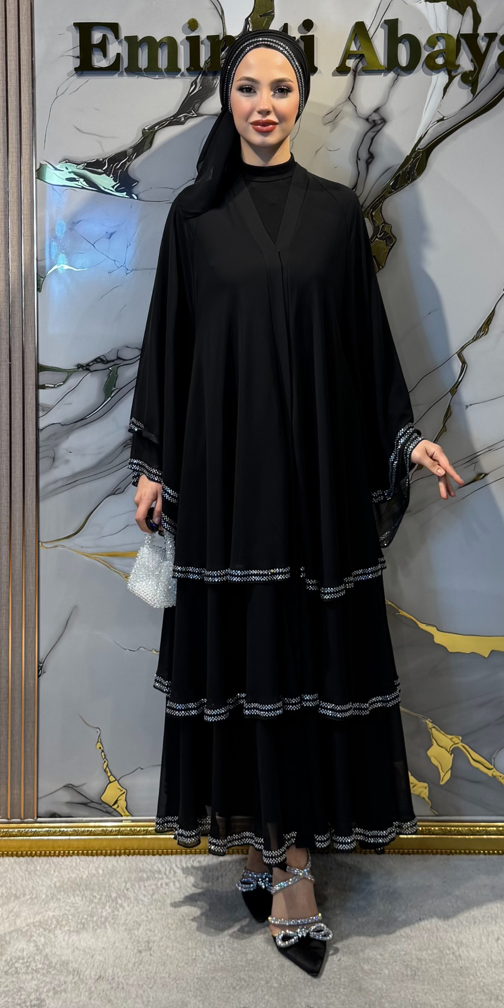 Üç Katlı Siyah Beyaz Taşlı Şifon Abaya - Kemer ve Şal Dahil | TM44 WSB