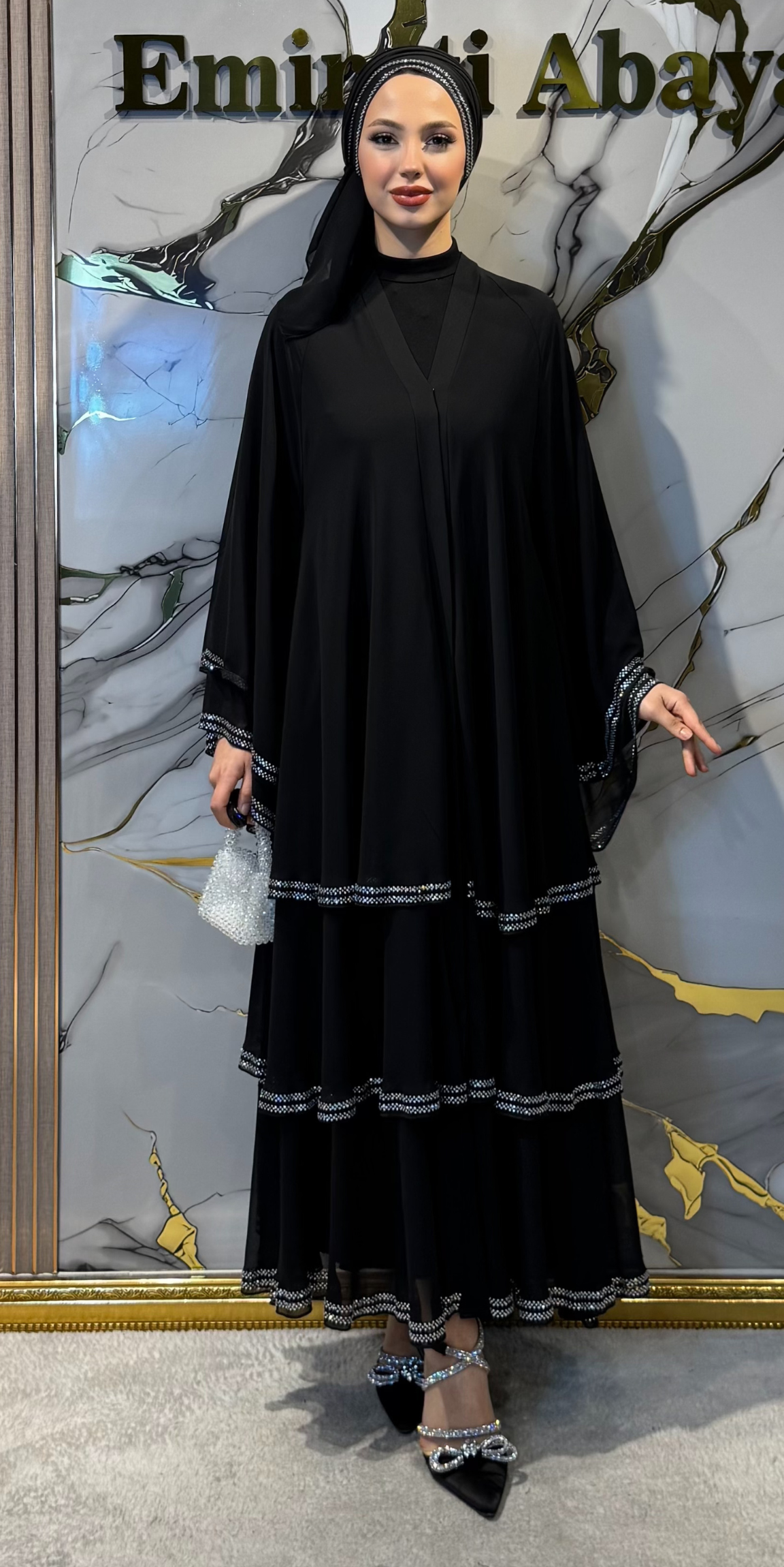 Three-Layer Black and White Embellished Chiffon Abaya - Belt and Shawl Included | TM44 WSB