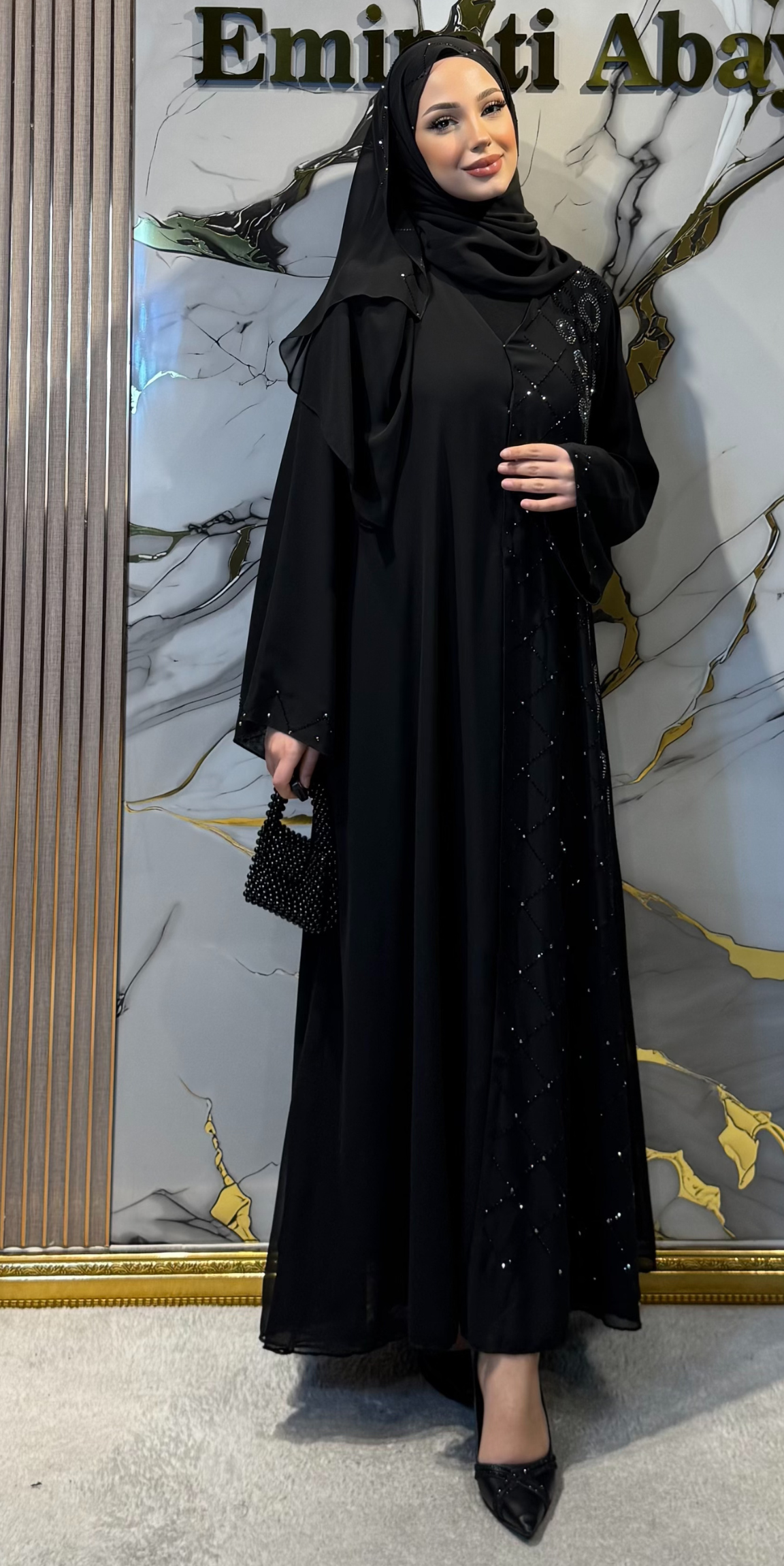 Hematite Stone Patterned Black Elegant Abaya - Refined Modern Model TM051 HSB