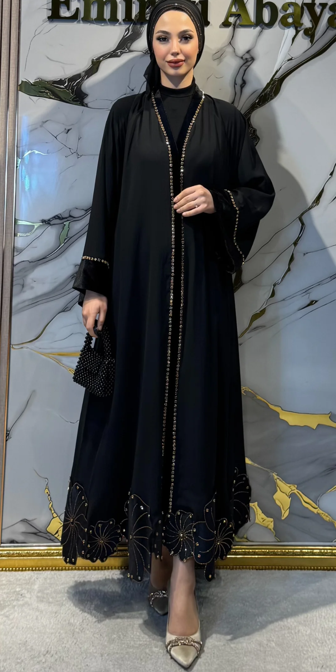 Chiffon and Velvet Combination Floral Patterned Abaya with Gold Stones | WS60 GSB