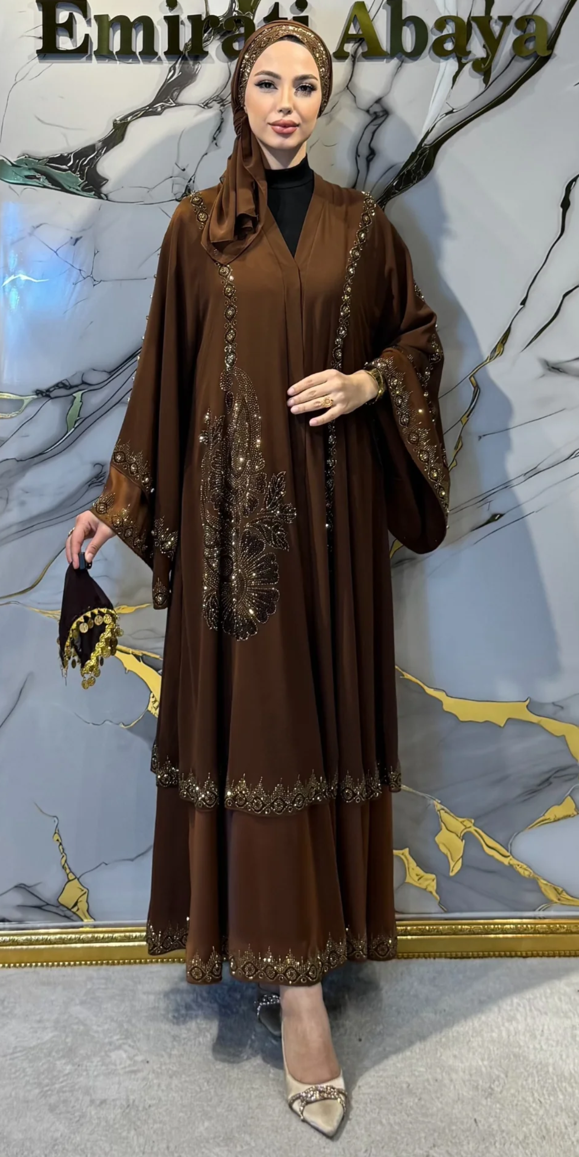 Gold Taş İşlemeli İki Katlı Zara Saten Abaya | LY23 GSK