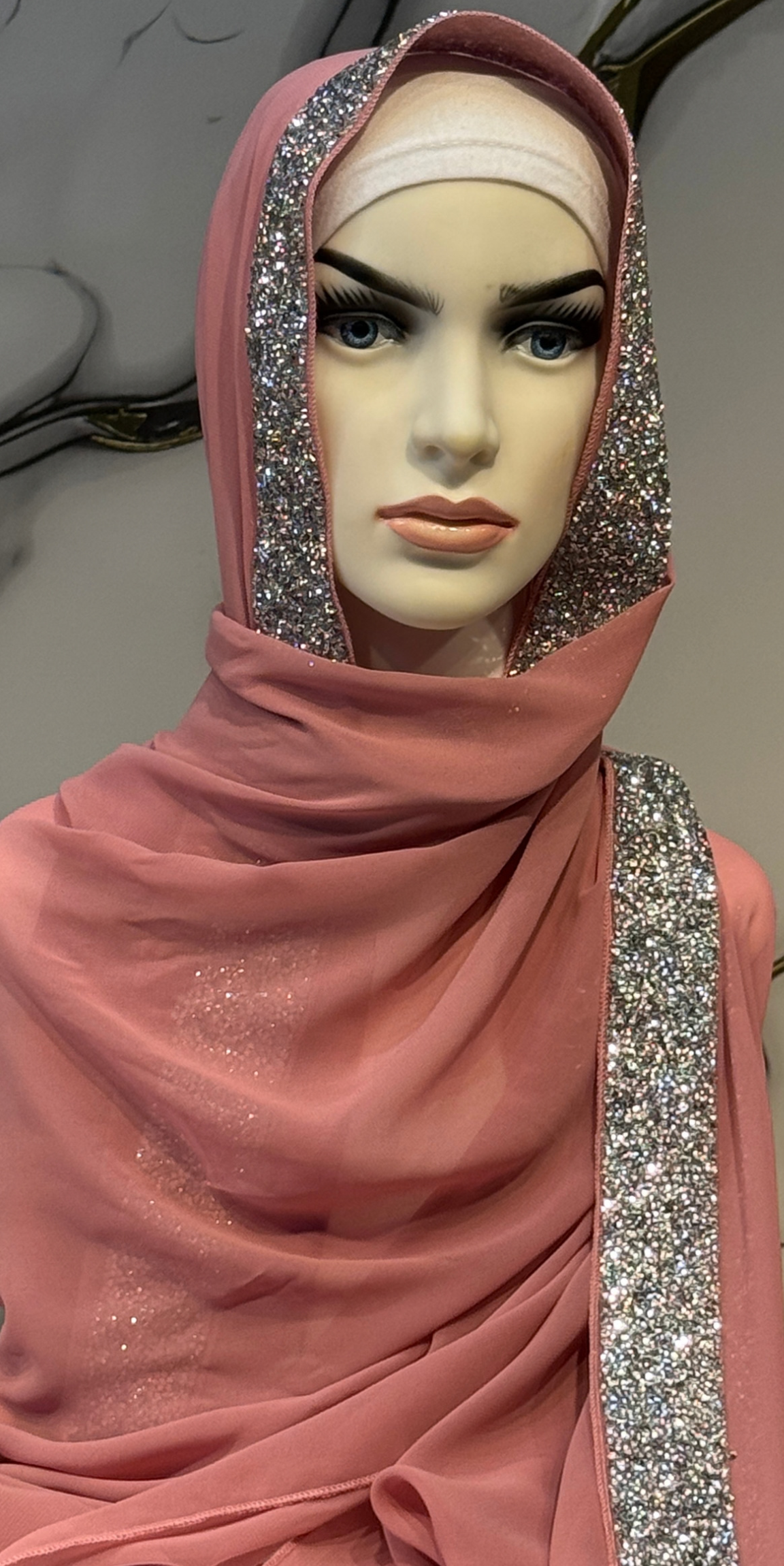 Gümüş Taşlı Pembe Şifon Şal Emirati Abaya | ŞAL101 WSP