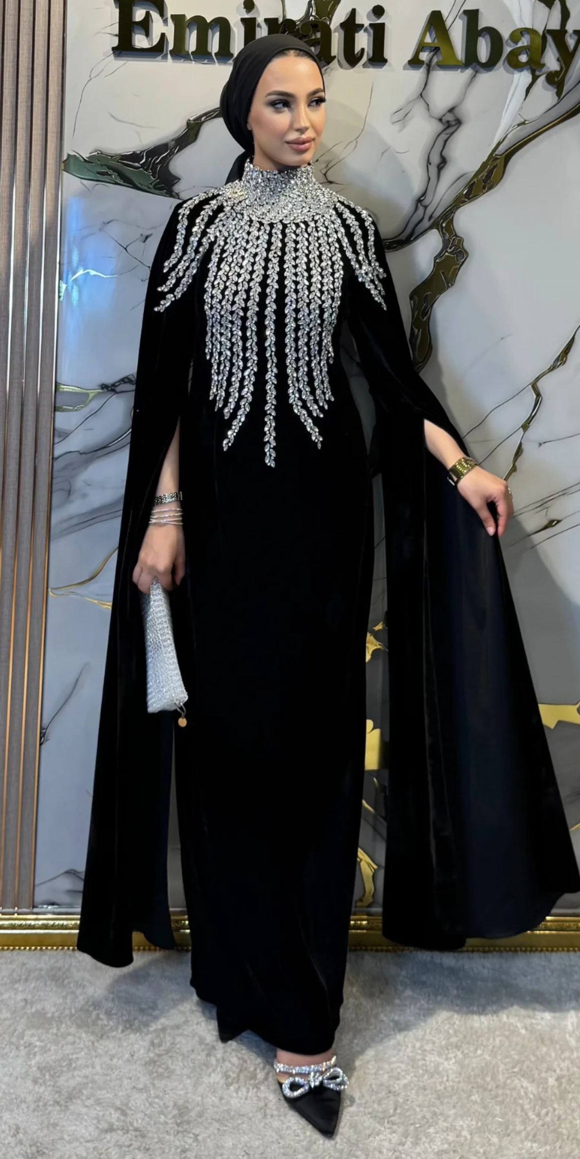 Long-Sleeved, Handcrafted Black Velvet Abaya with White Stones | EF0019 WSVB
