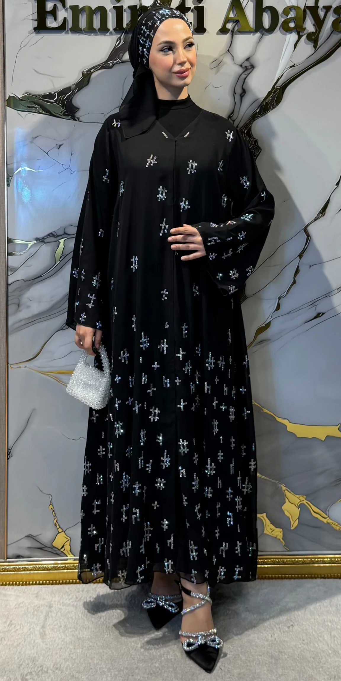 Janjan Geometrik Taş Detaylı Siyah Şifon Abaya | TM53 JSB