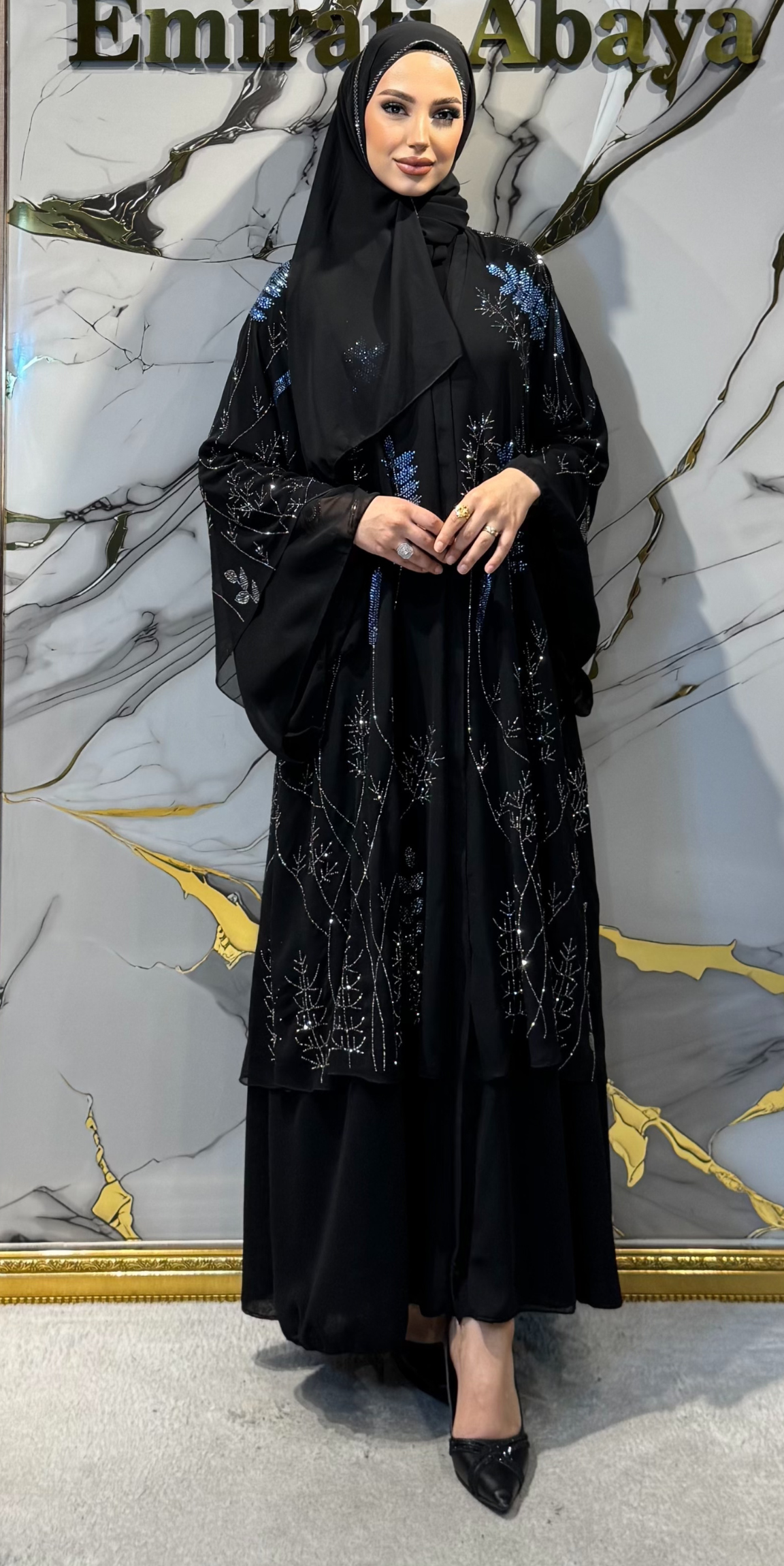 Hematit Mavi Taşlı Dal Yaprak Motifli 2 Katlı Siyah Şifon Abaya – Şallı Takım | LY51 HSB