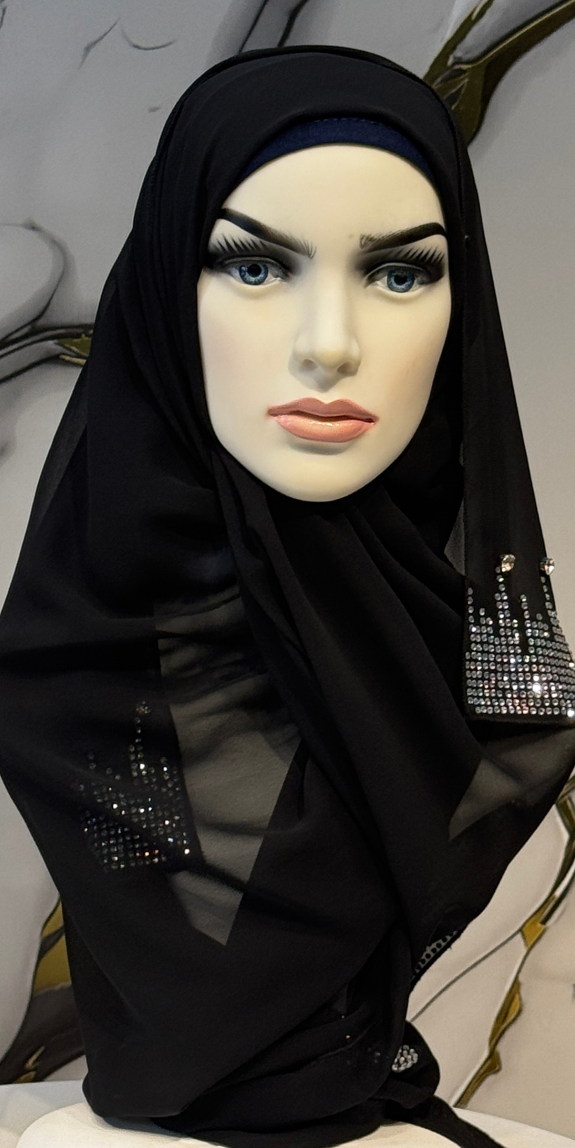 Taş İşlemeli Siyah Şifon Şal Emirati Abaya | ŞAL87 WSB