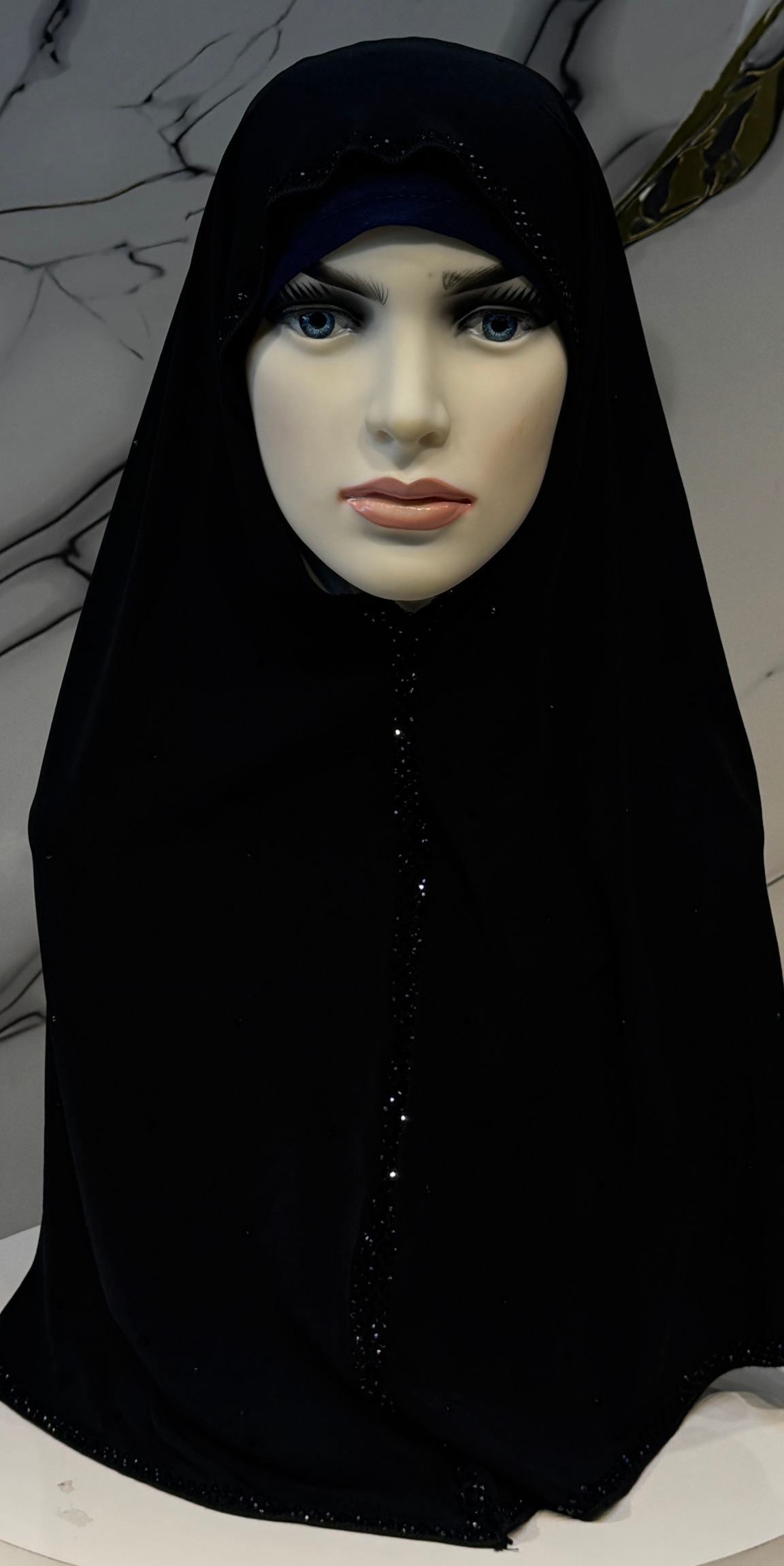 Siyah Taşlı Yüz Örtülü Siyah Dubai Şal Emirati Abaya | SAL69 BSB