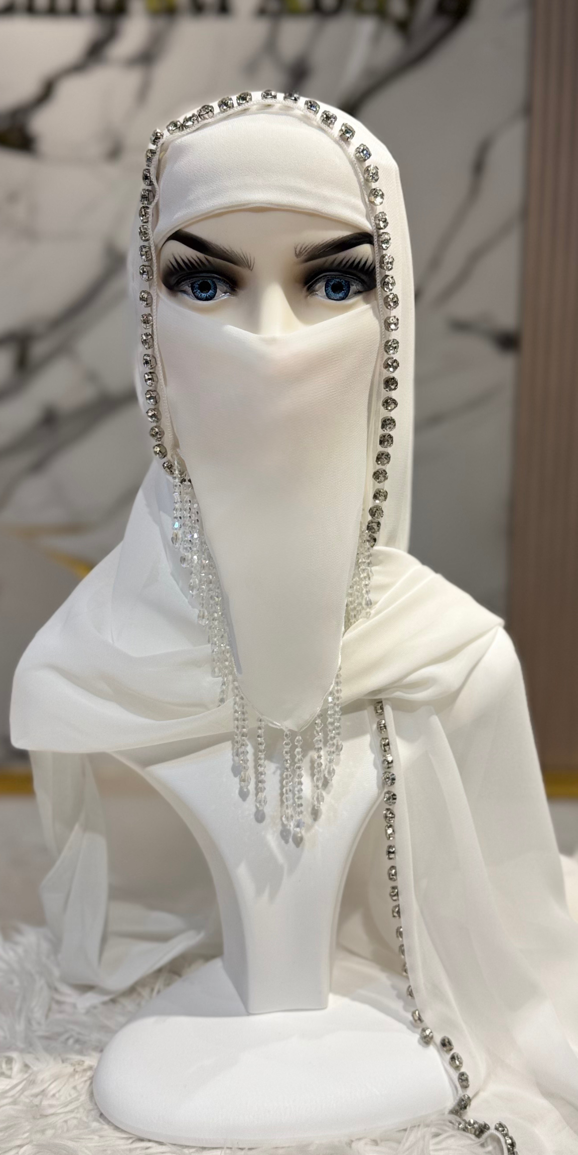 Luxury White Long Korean Chiffon Veil with Crystal Embellishments 