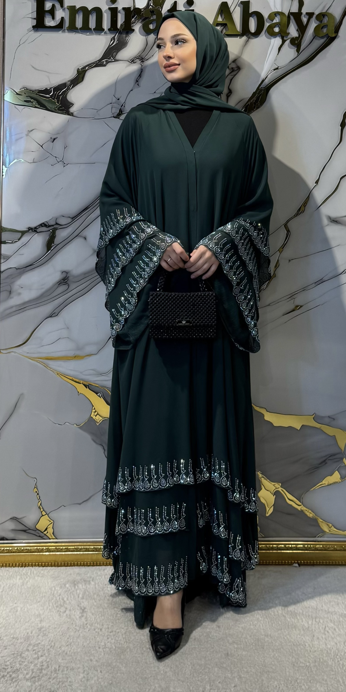 Etek Uçları Swarovski Taşlı Yeşil Abaya - Lüks Zarif Model TM07 JS YEŞİL