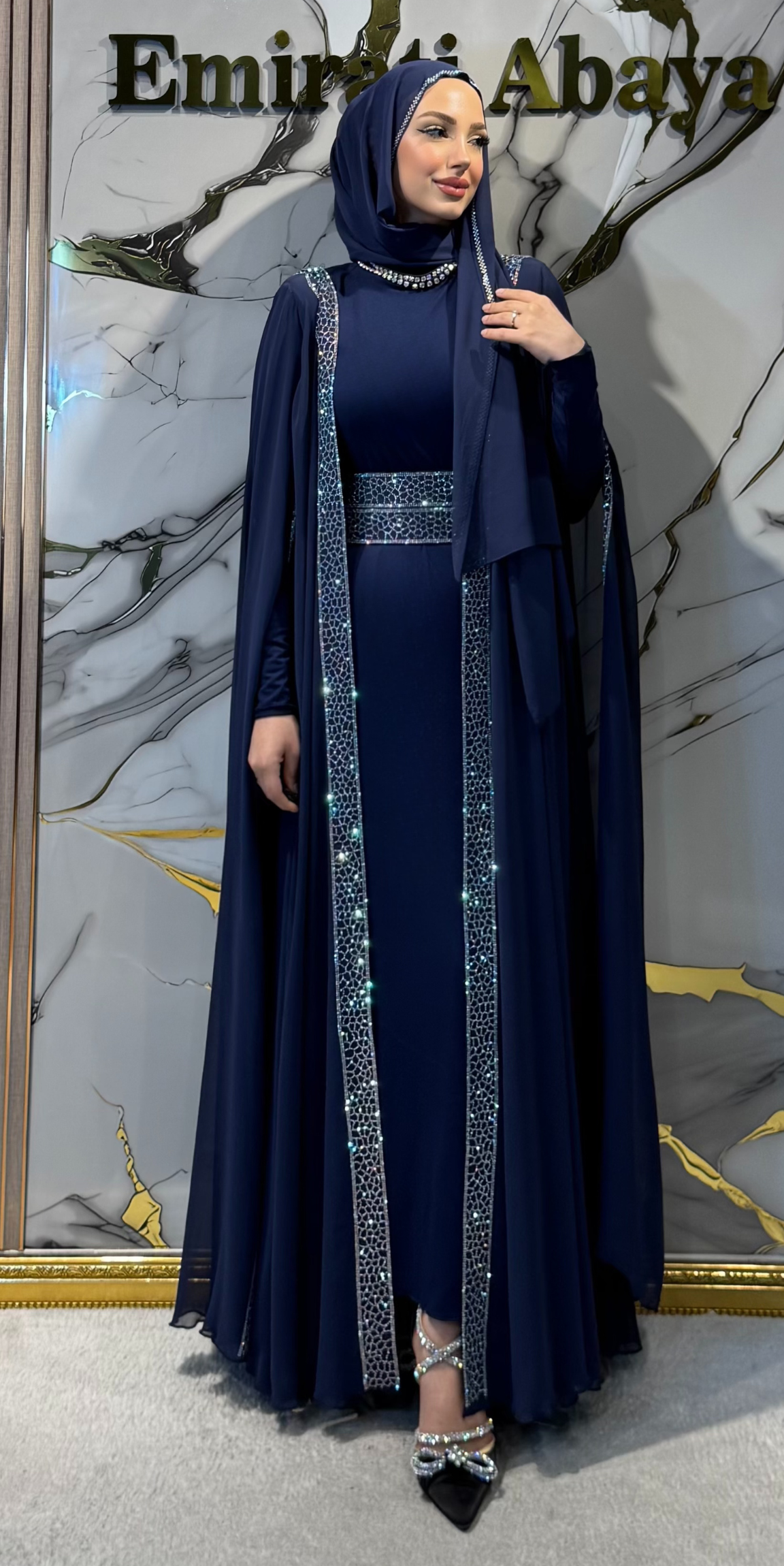 Traditional Navy Blue Chiffon Abaya Set with Shimmering Stone Trim WS49 JS BLUE
