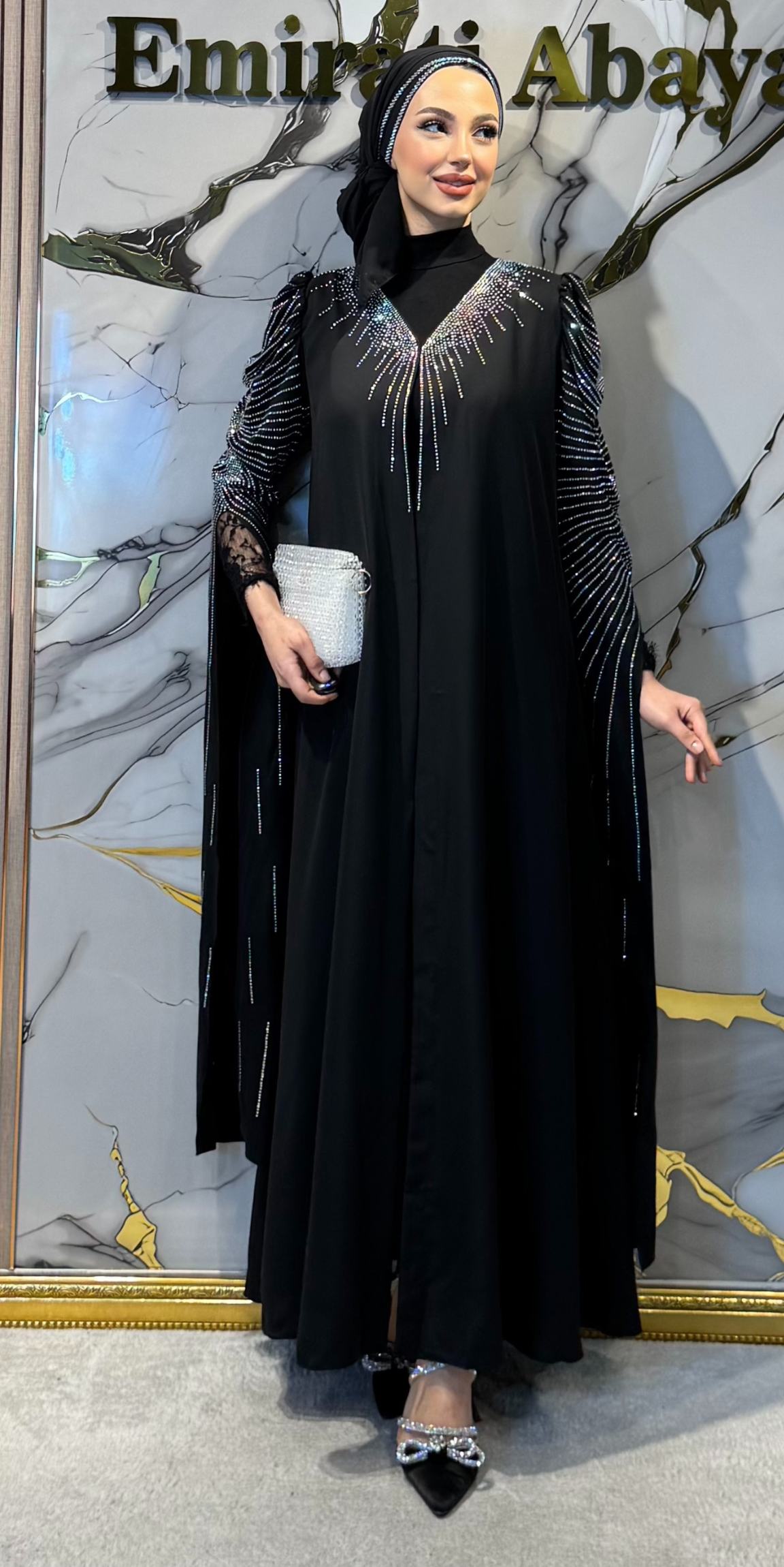 Janjan Stone Embellished Black Abaya - Long Sleeved Shimmering TM82 JSDB