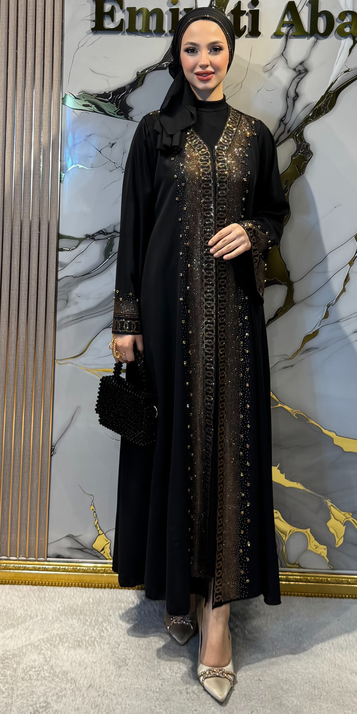 Black Abaya with Gold Stone Embellishment on the Front TM81 GSDB