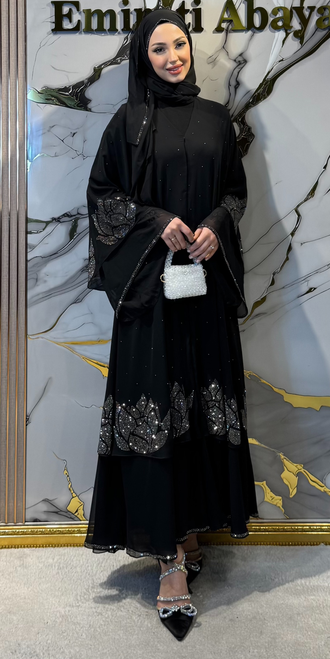 Hematit Taşlı Çiçek Motifli Siyah 2 Katlı Şifon Abaya | LY25 HSB