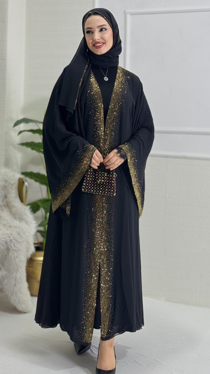 Önü Gold Taşlı Işıltılı Şık Siyah  Abaya