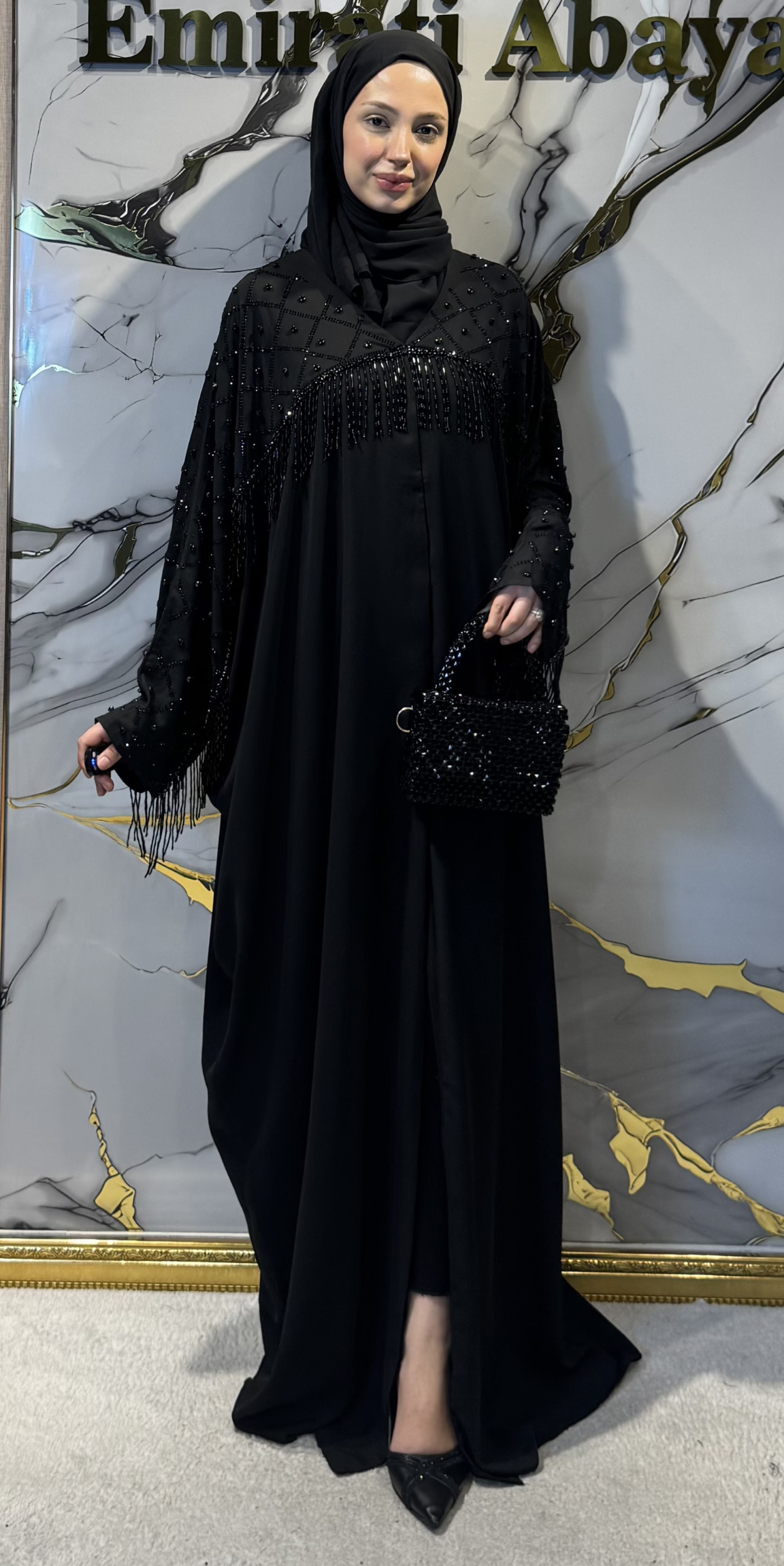 Siyah Taş İşlemeli Yarasa Kol Abaya TM80 BSB