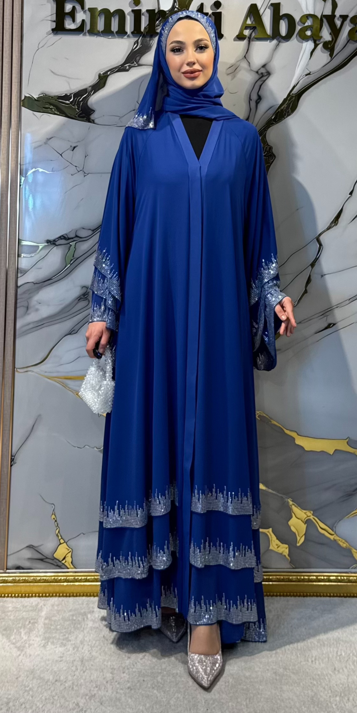 Üç Katlı Gümüş Taşlı Mavi Şifon Takım Şal Dahil | TM22 WSM
