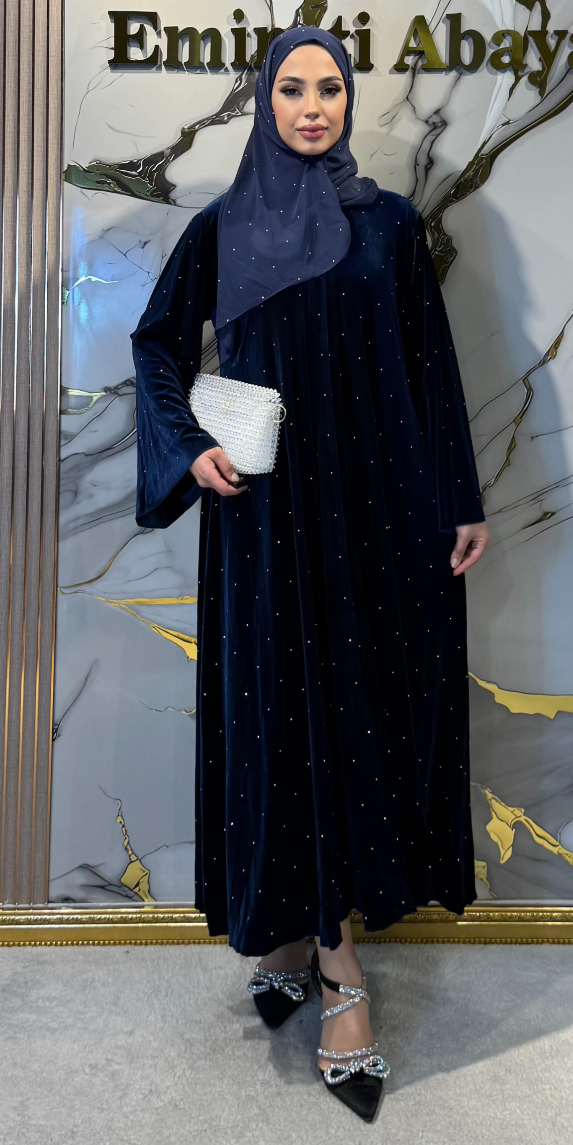 Navy Blue Velvet Shimmering Embellished Abaya TM063 VJSM