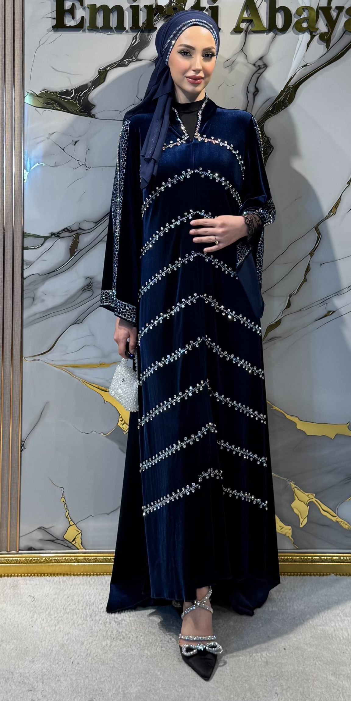 Blue Evening Dress with Swarovski Crystal Embellished Sleeves, Slit Back, and Train - Elegant Luxury Model WS15 JSVL