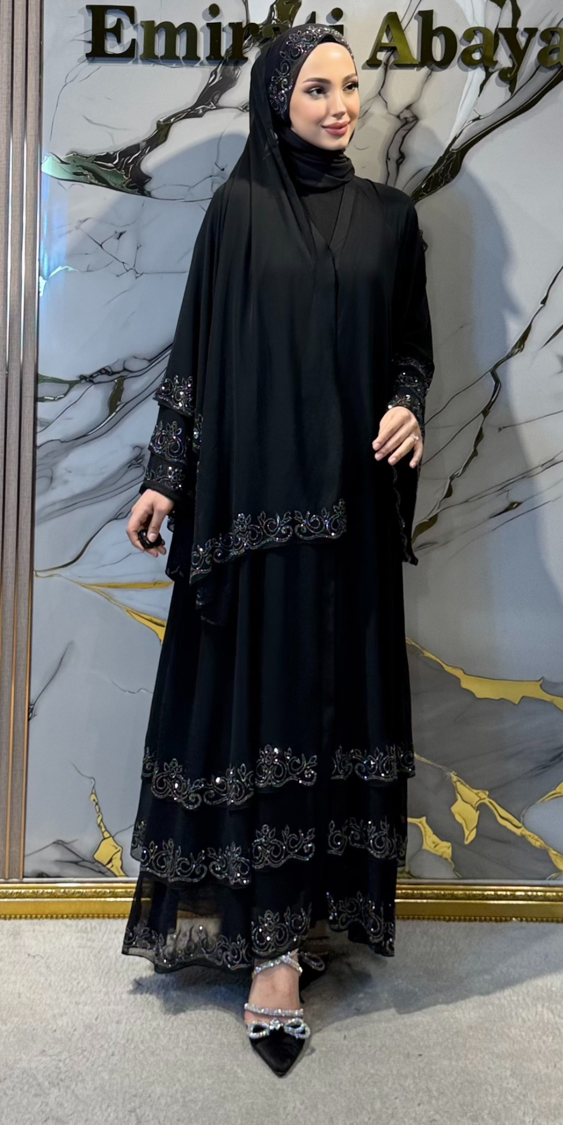 Hematit Taşlı 3 Katlı Siyah Şifon Abaya | LY47 HSB
