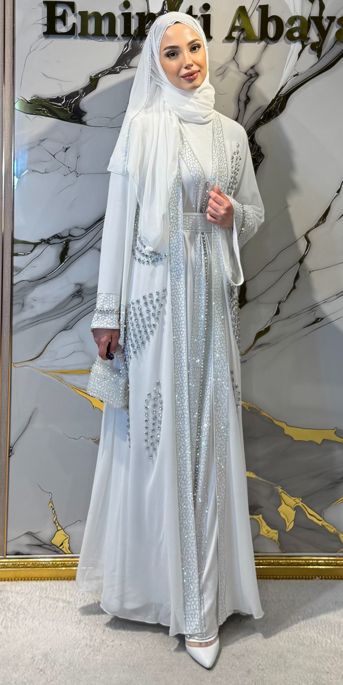 Traditional White Abaya Set with Crystal Embellishments WS31 - 4-Piece Set (Includes Undershirt, Shawl, and Belt)
