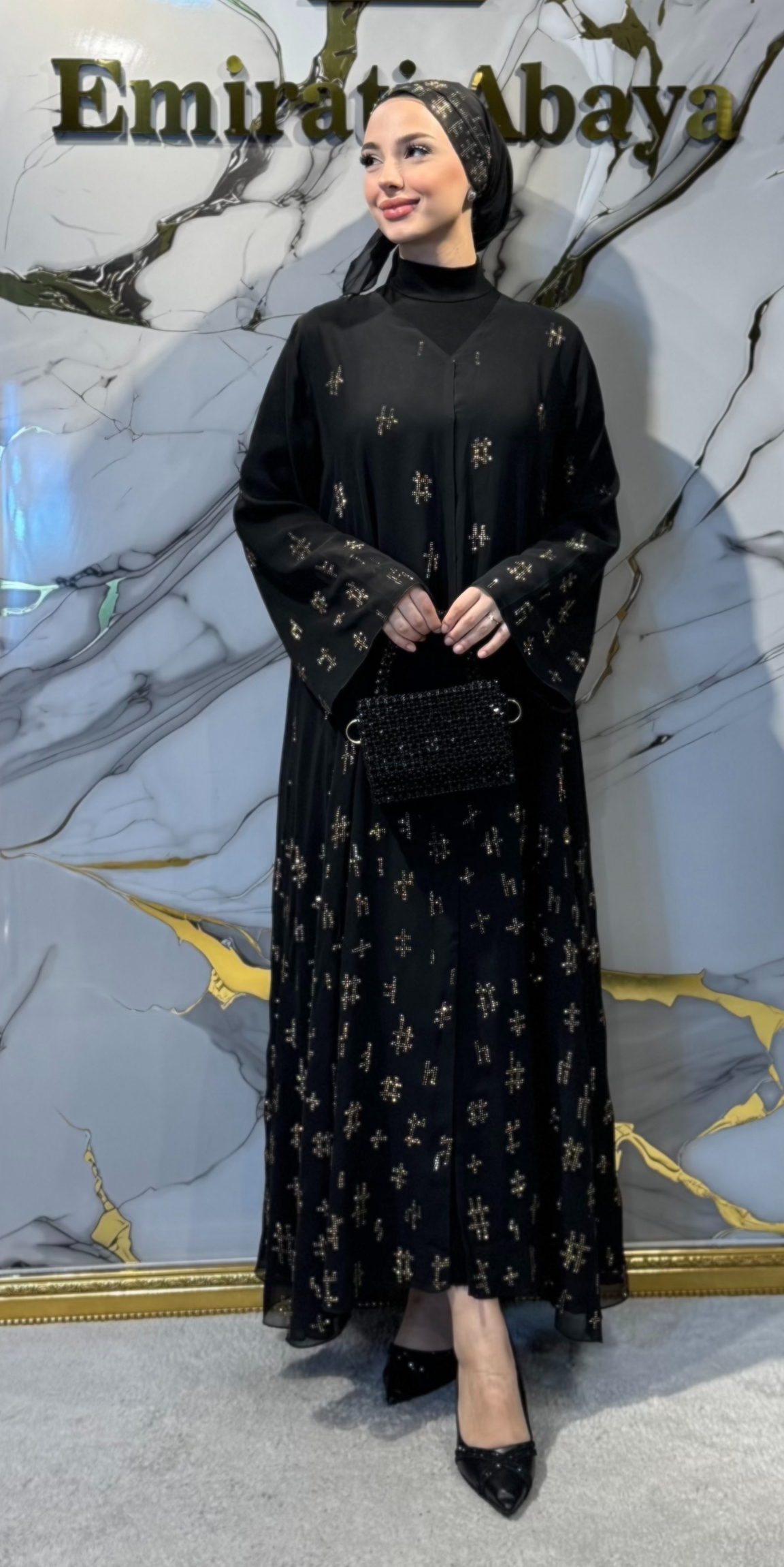 Luxury Gold Geometric Stone Detail Black Chiffon Abaya TM53 GSB