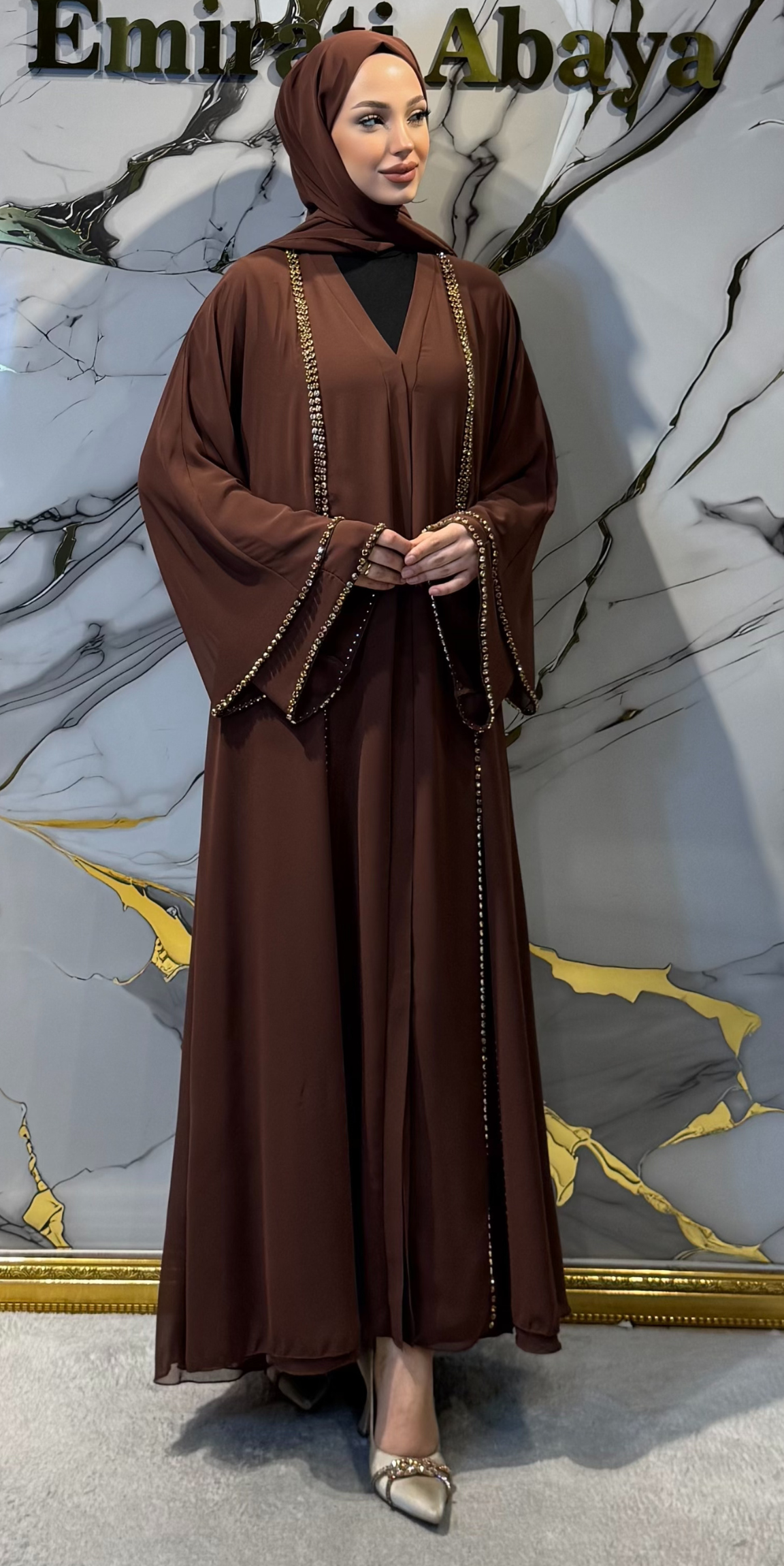 Önü Yırtmaçlı Gold Taşlı Şifon Kahve Abaya - Zarif Lüks Model TM06 C GS BROWN