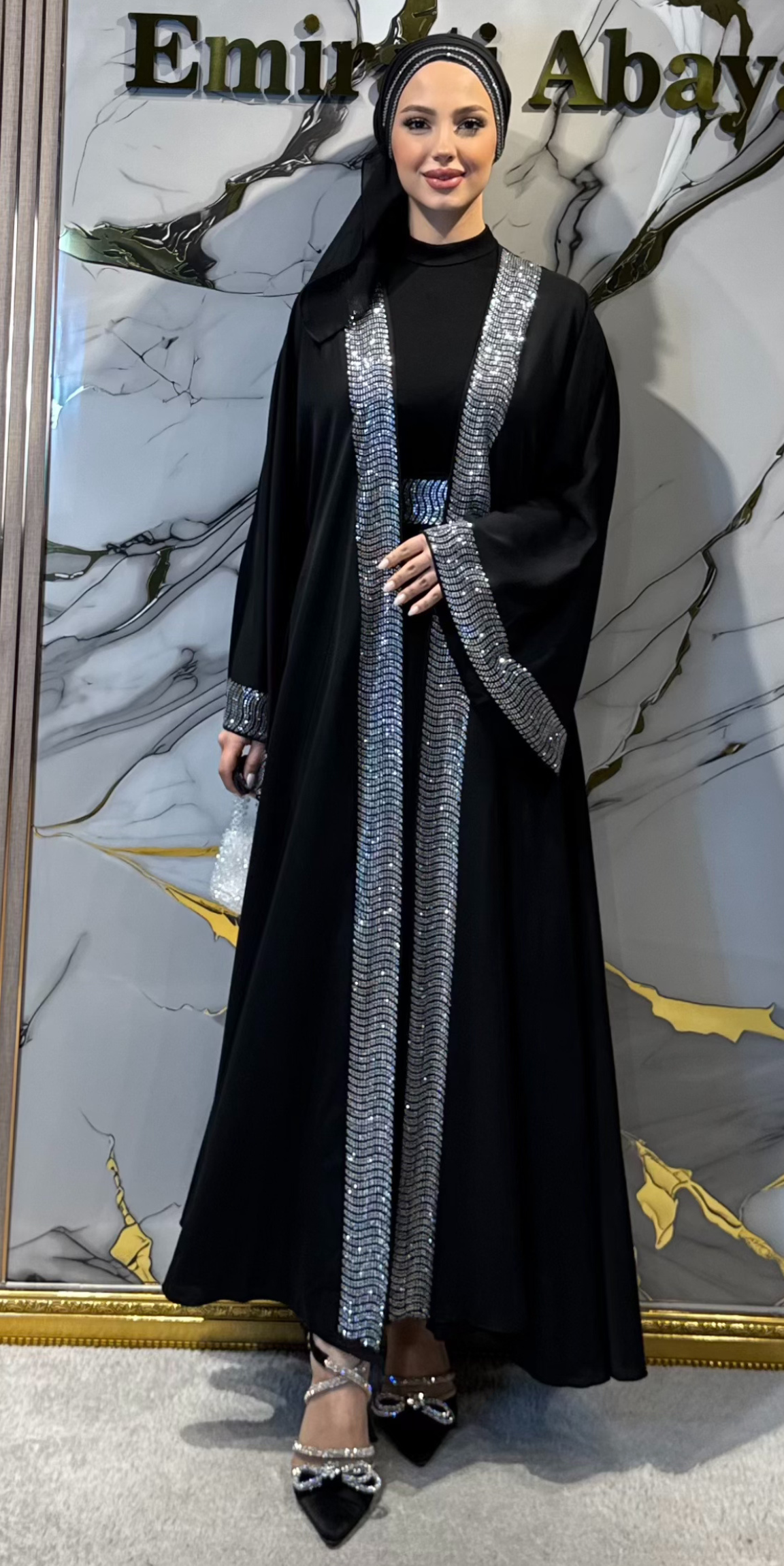 Siyah 3 Parça Yöresel Takım Beyaz Taş İşlemeli Dubai Kumaş Abaya | TM47 WSB