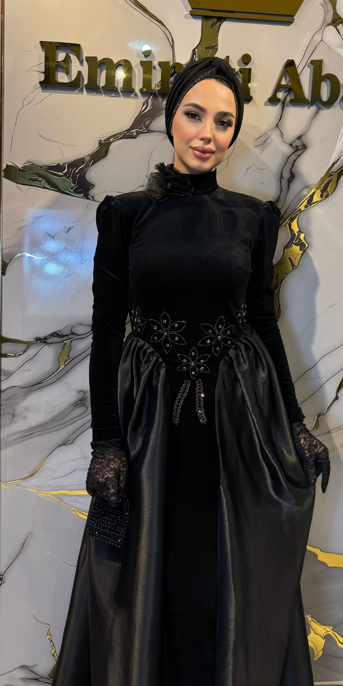 Dubai Style Evening Dress with Hematite Stones, Velvet and Organza Details