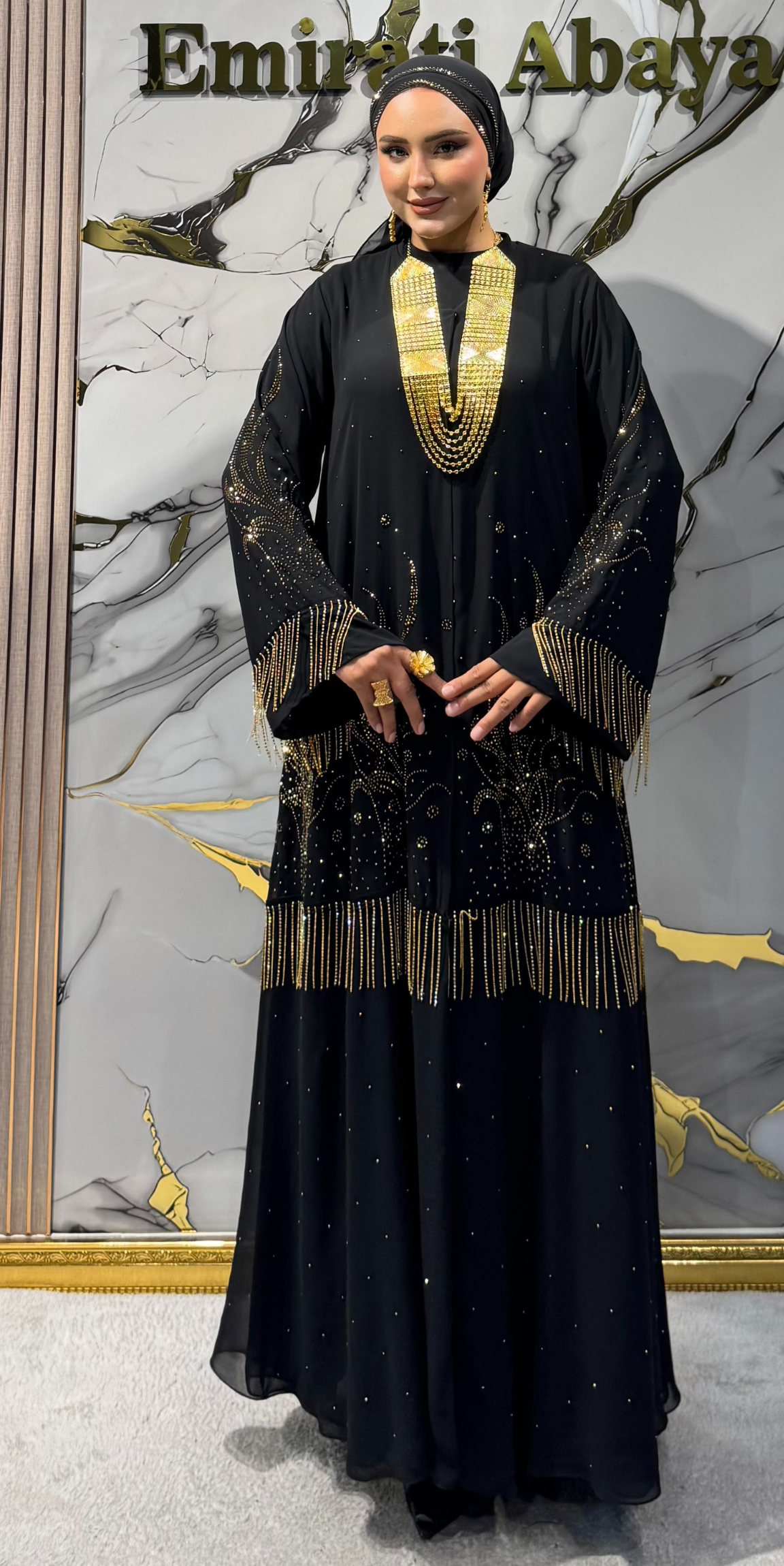 Yapışkan Gold Taşlı Şifon Abaya - Püskül Detaylı | LY62 GSB
