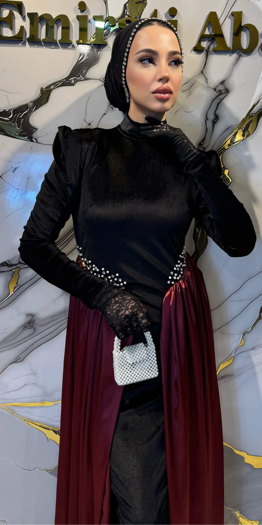 Red Organza Detailed Velvet Dubai Style Evening Dress with Swarovski Crystals