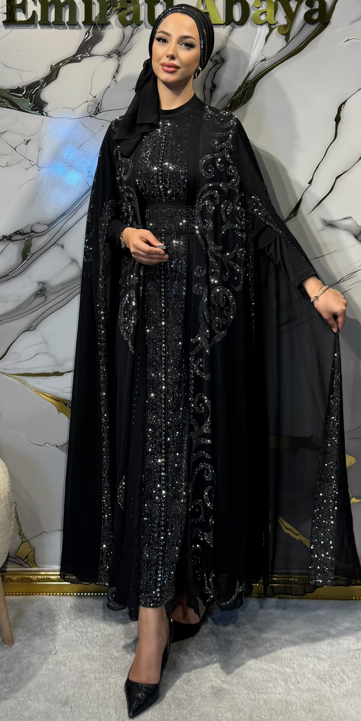 Lüks Hematit Taşlı Cape Kollu Siyah Şifon Yöresel Takım 4 Parça