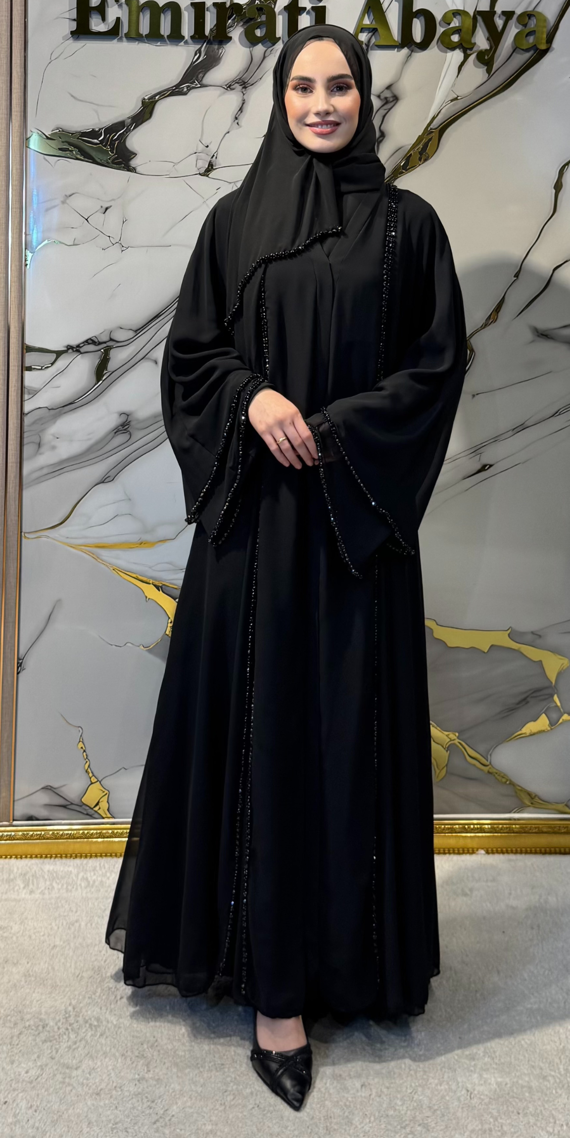 Black Abaya with Front Slit and Stone Embellishing Chiffon - Elegant Luxury Model TM06 C BSB