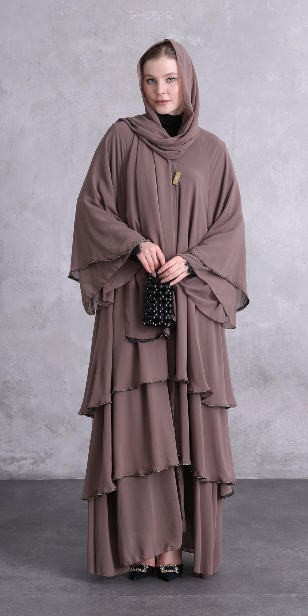 Üç Katlı Swarovski Taşlı Vizon Abaya RK011 BSV - Günlük Zarif Model