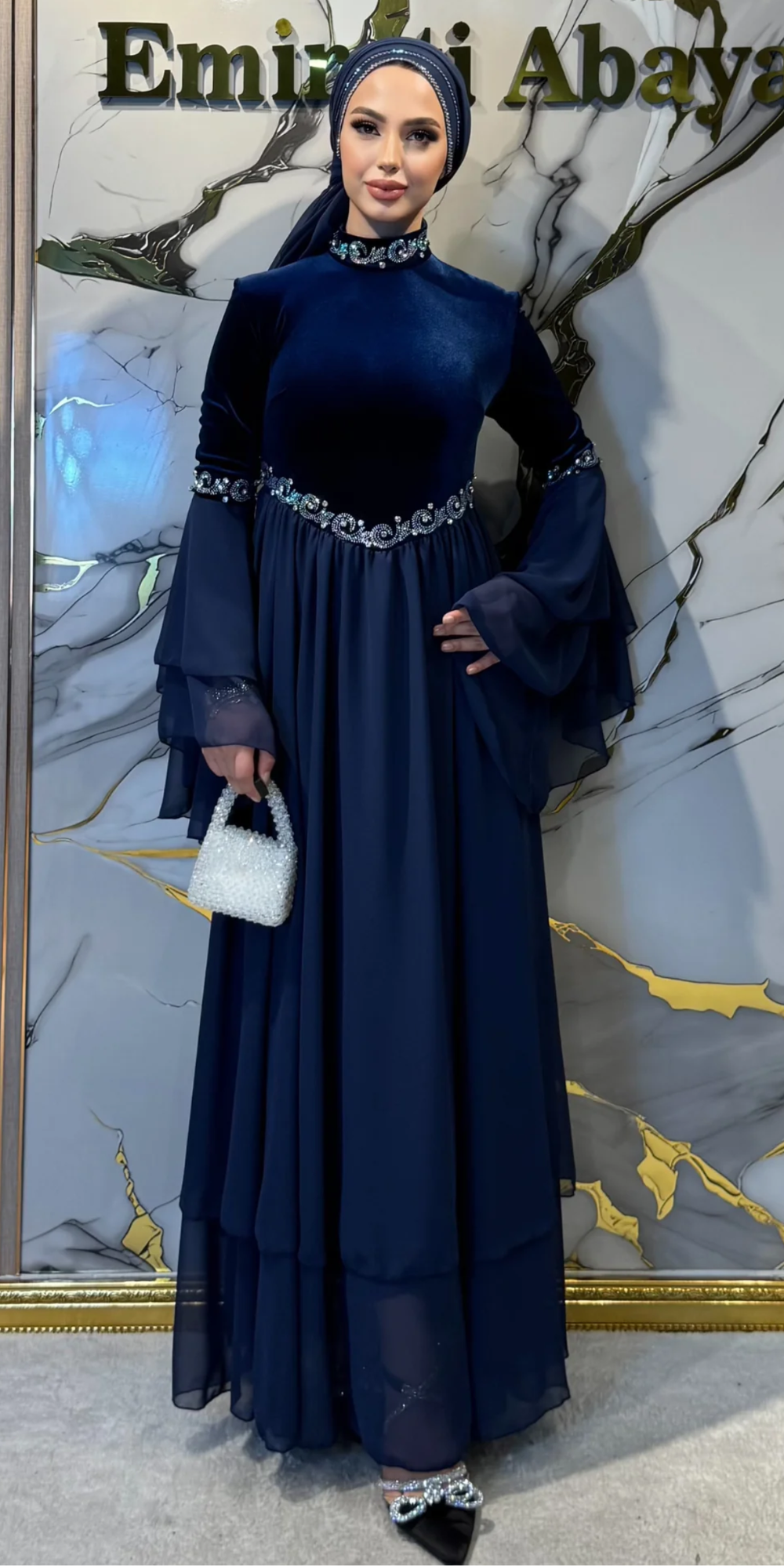 Royal Midnight Serenade Lacivert Kadife Şifon Abaya LY21 JSVL - Taşlı Şal Dahil Lüks Model