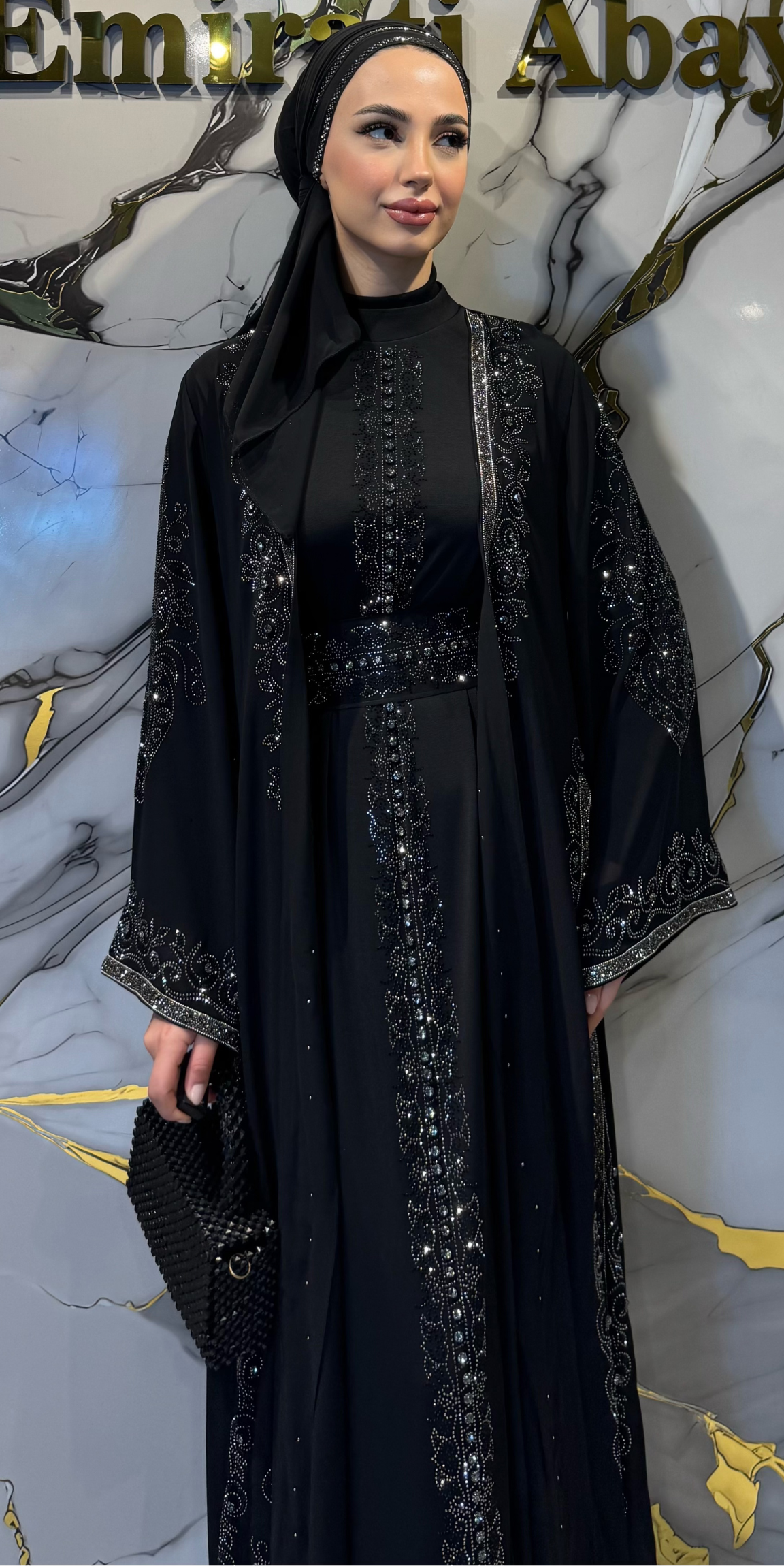 Black Korean Chiffon Traditional Abaya with Hematite and Swarovski Crystals